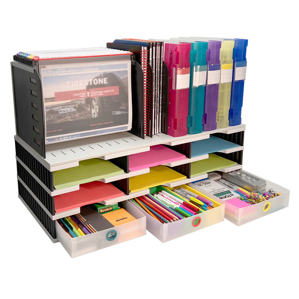 9-Compartment Desktop Organizer with Hanging File Holder & 3 Storage Drawers - Vertical Space Saving Office Document Organizer for Files, Binders, Supplies - Perfect for Home Office, Study Desk, and Workspace Organization