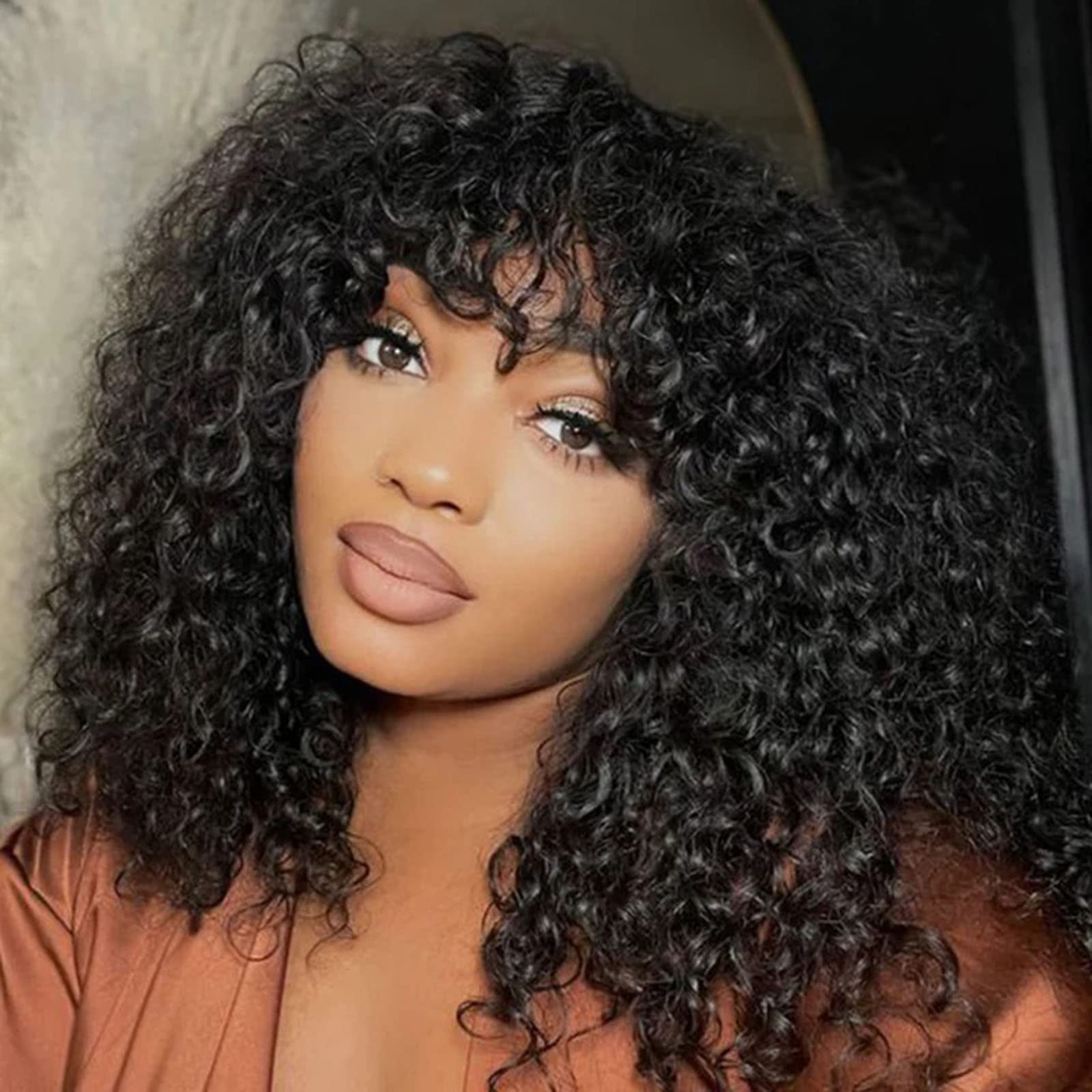 200 Density Brazilian Remy Human Hair Wig with Bangs & Scalp Top - Short Curly Machine Made Wig for Women (14 Inch, Natural Color) | Perfect for Daily Wear, Cosplay & Special Occasions