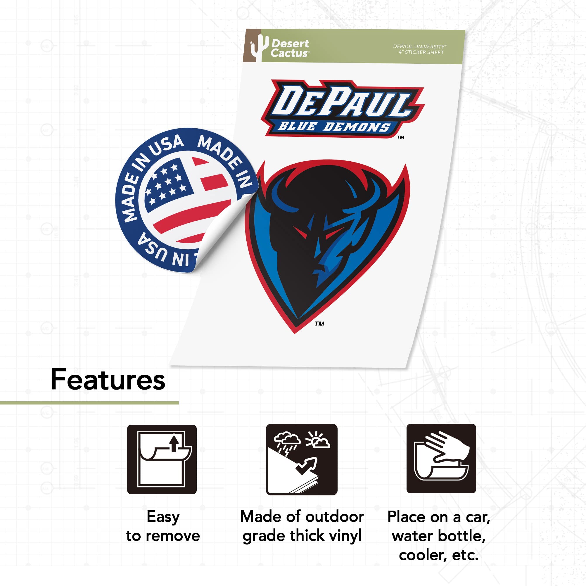 Desert Cactus DePaul University Sticker Set - 4 Inch Blue Demons Vinyl Decals for Laptop, Water Bottle, Car & Scrapbook - Durable Waterproof Stickers for College Pride, School Spirit & Fan Gear