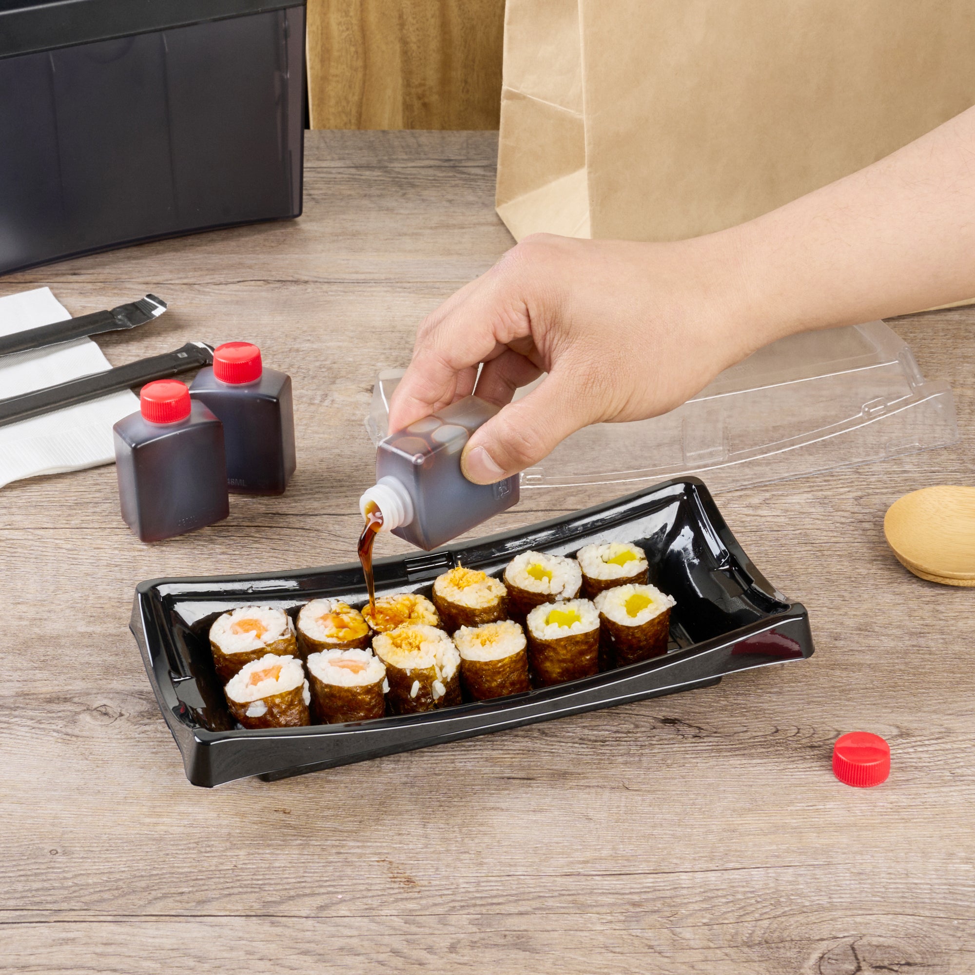 Bento Tek 2 oz Clear Plastic Soy Sauce Bottles with Red Caps - 1.5