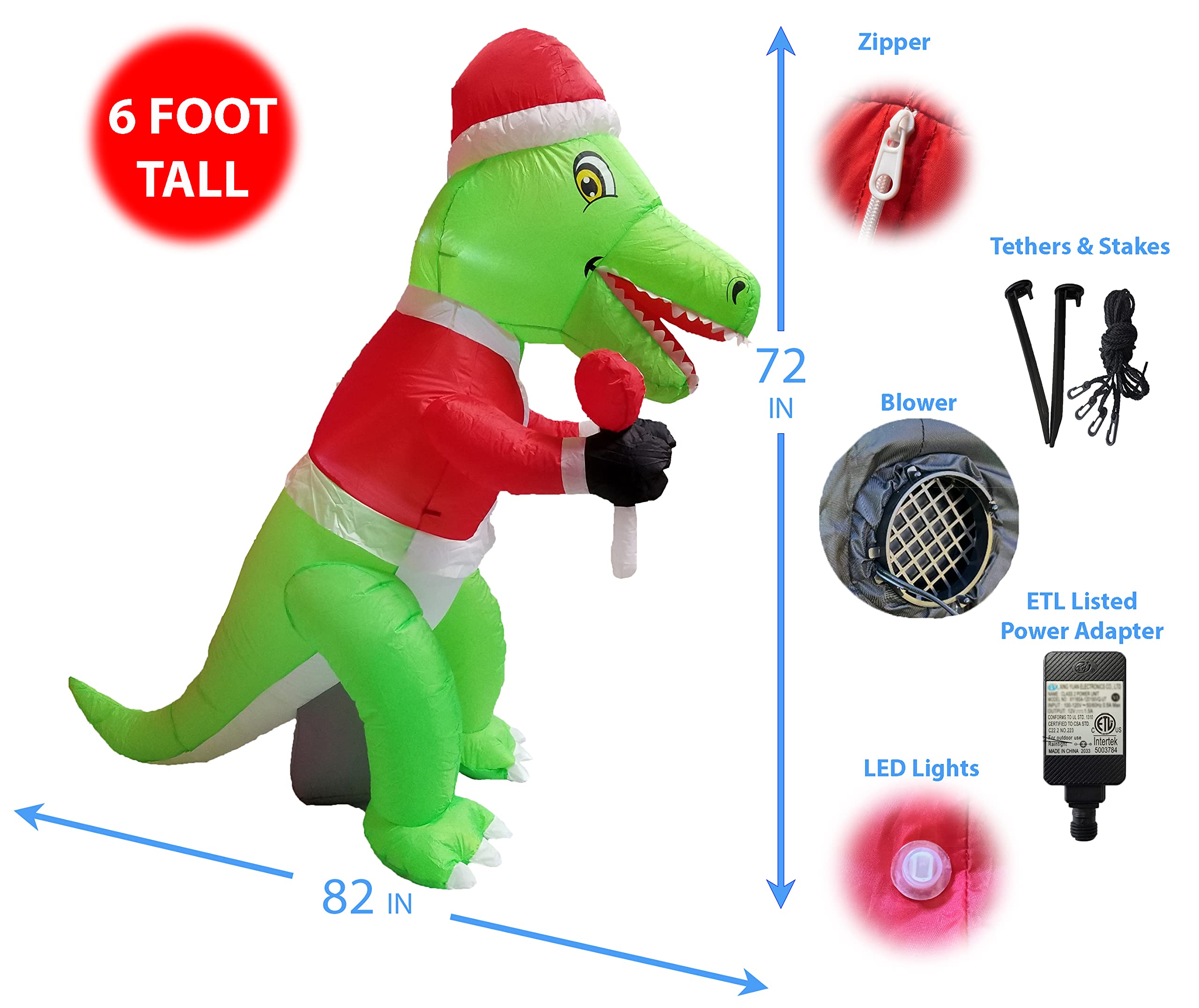 6ft Christmas Inflatable Dinosaur with Hat & 12ft Santa Sleigh with Reindeer - Giant Outdoor Holiday Decorations for Yard, Party, Xmas Decoration (2-Piece Set)