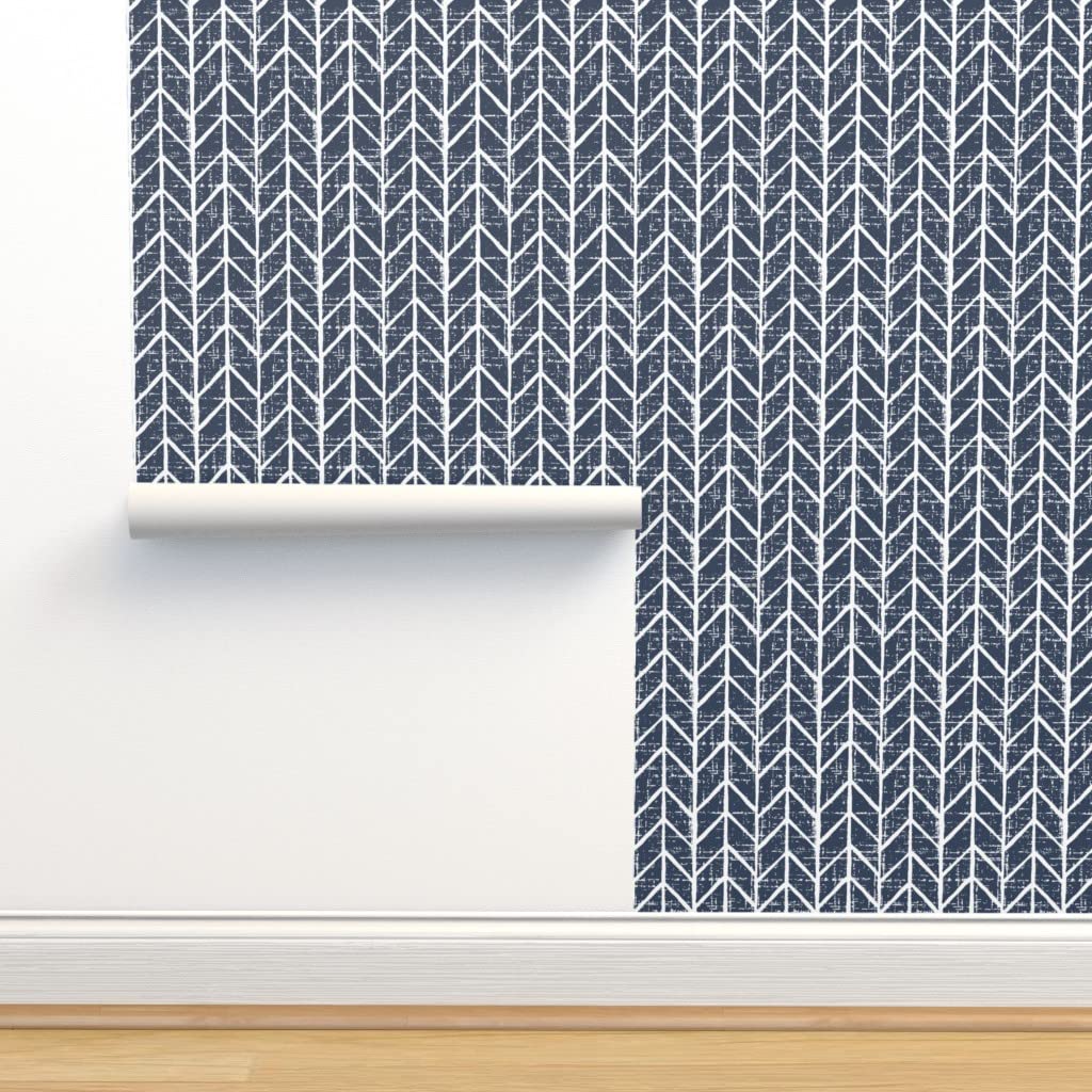 Navy Blue Chevron Herringbone Peel & Stick Wallpaper Swatch - Removable Geometric Nursery Wallpaper for Baby Room Decor | Spoonflower Custom Wallpaper | Easy DIY Home Decor for Bedroom, Living Room & Nursery