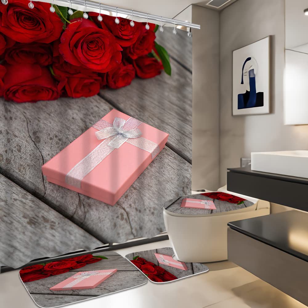 4 PCS Romantic Red Rose Floral Shower Curtain Set - Bathroom Decor with U-Shaped Contour, Non-Slip Bath Mat, Toilet Lid Cover & Hooks (72x72 Inch) - Perfect for Valentine's Day Gifts, Wedding Decor & Vintage Bathroom Makeover