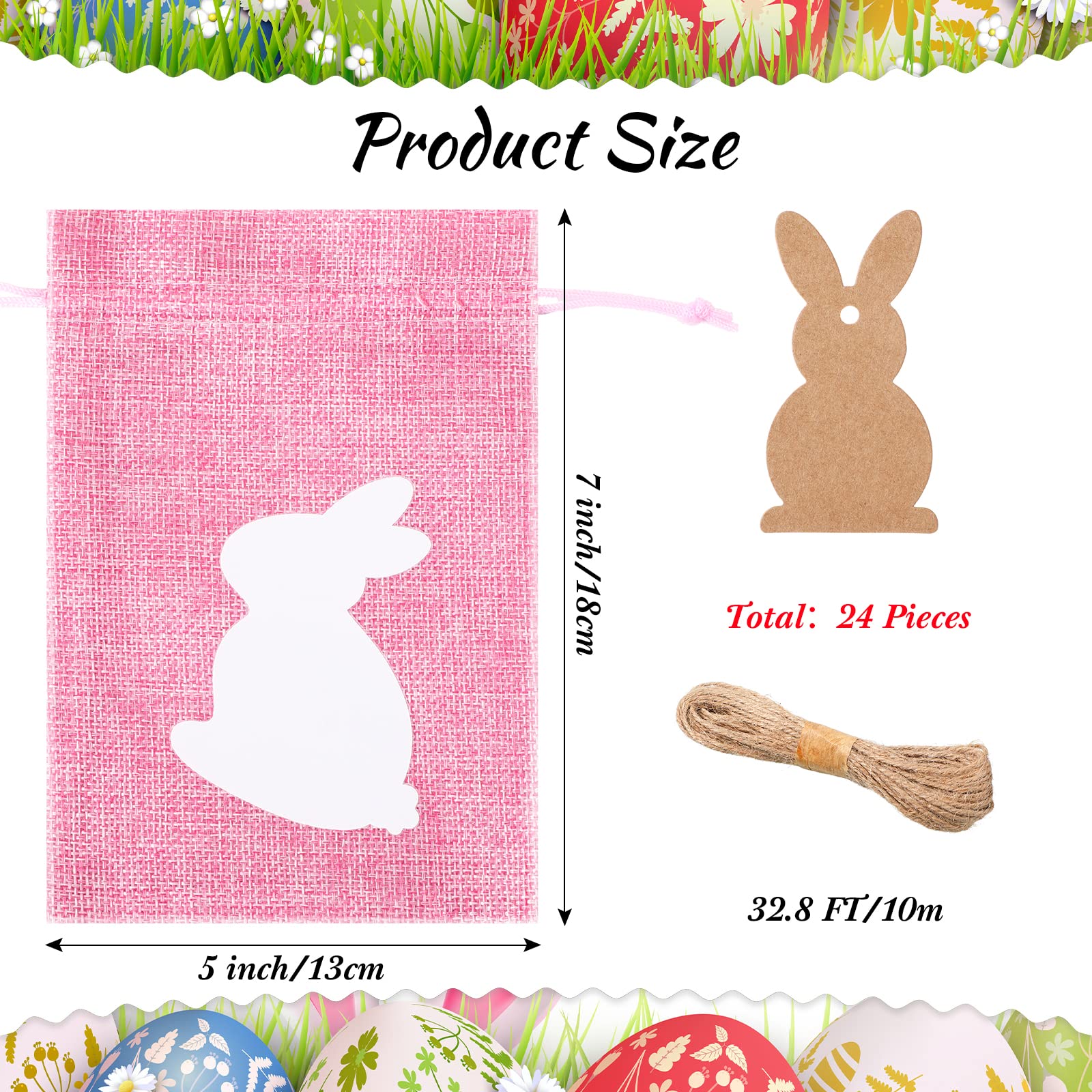 Shappy 24 Pcs Easter Burlap Drawstring Gift Bags - Bunny Linen Goody Bags with Double Jute Drawstrings for Easter Egg Hunt, Party Favors & Spring Decorations (Bright Style)