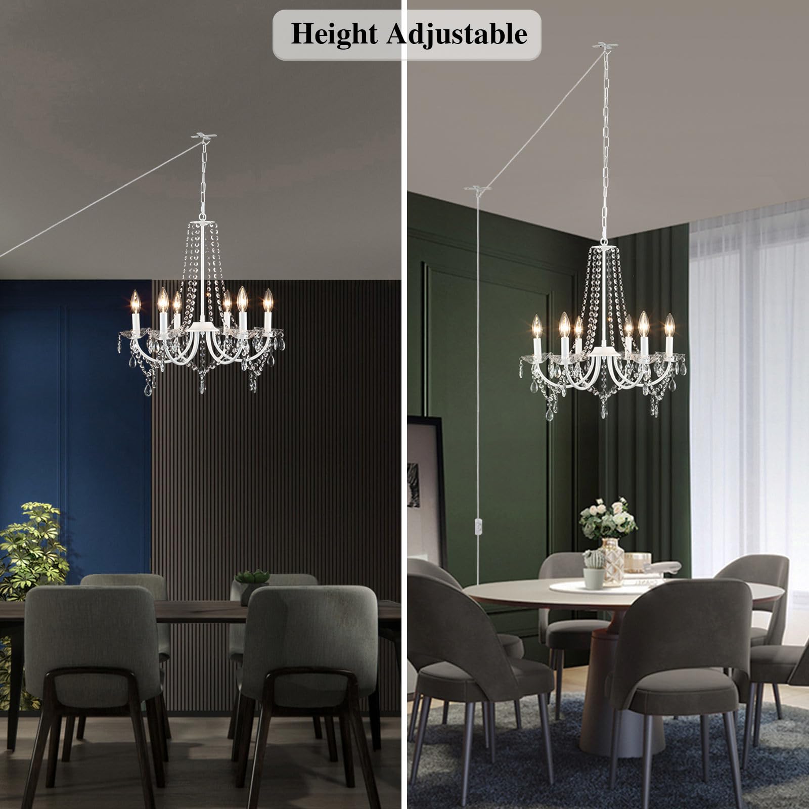 MEIJIA Modern Crystal Chandelier - 6-Light Plug in Ceiling Fixture with 15.75ft Cord, White Mini Chandelier for Dining Room, Bedroom, Bathroom & Hallway | Elegant Lighting for Home Decor & Special Occasions