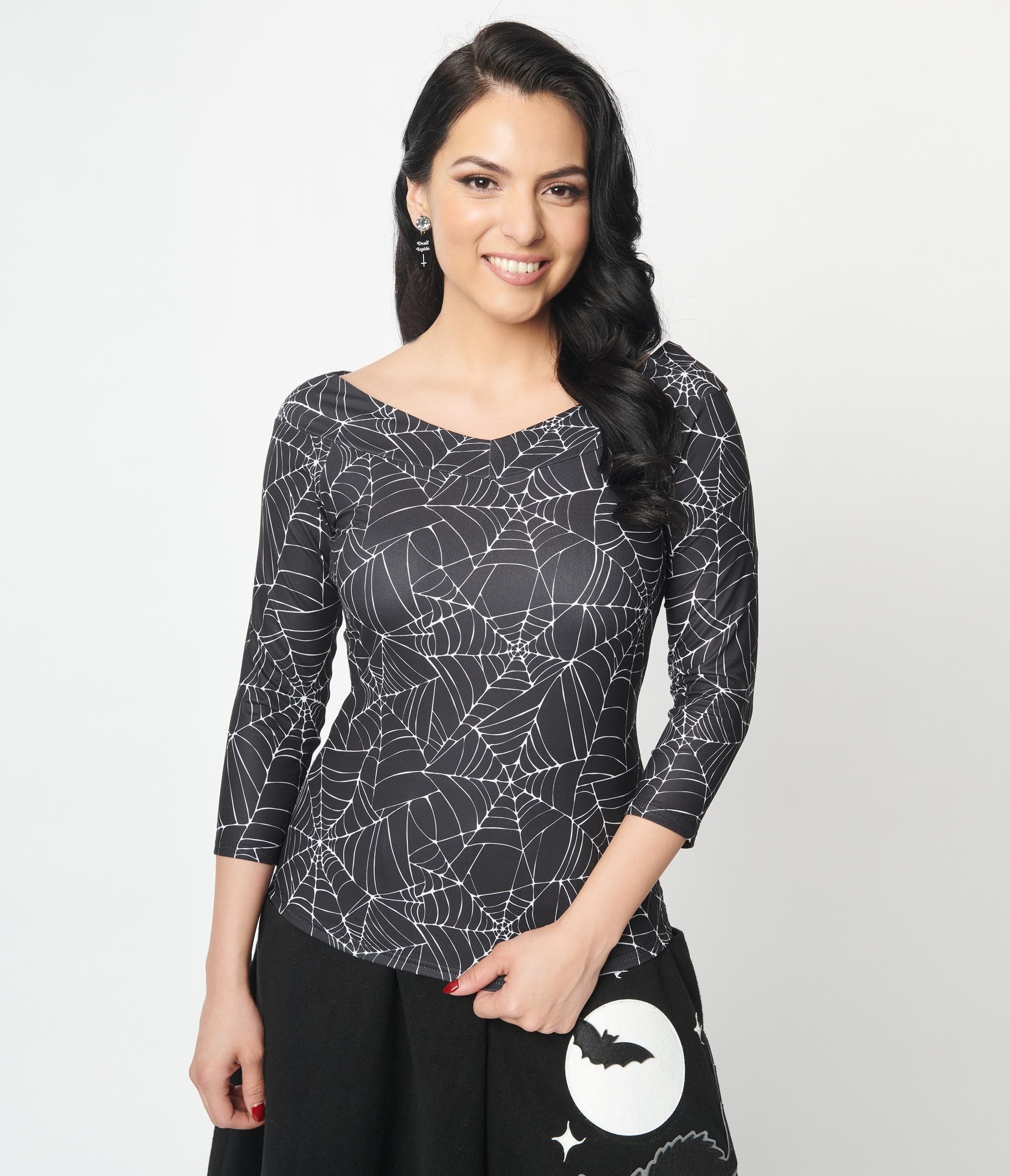 Vintage Black & White Spiderweb Scarlett Top - Gothic Lace Blouse for Women | Perfect for Halloween, Cosplay & Retro Fashion Outfits