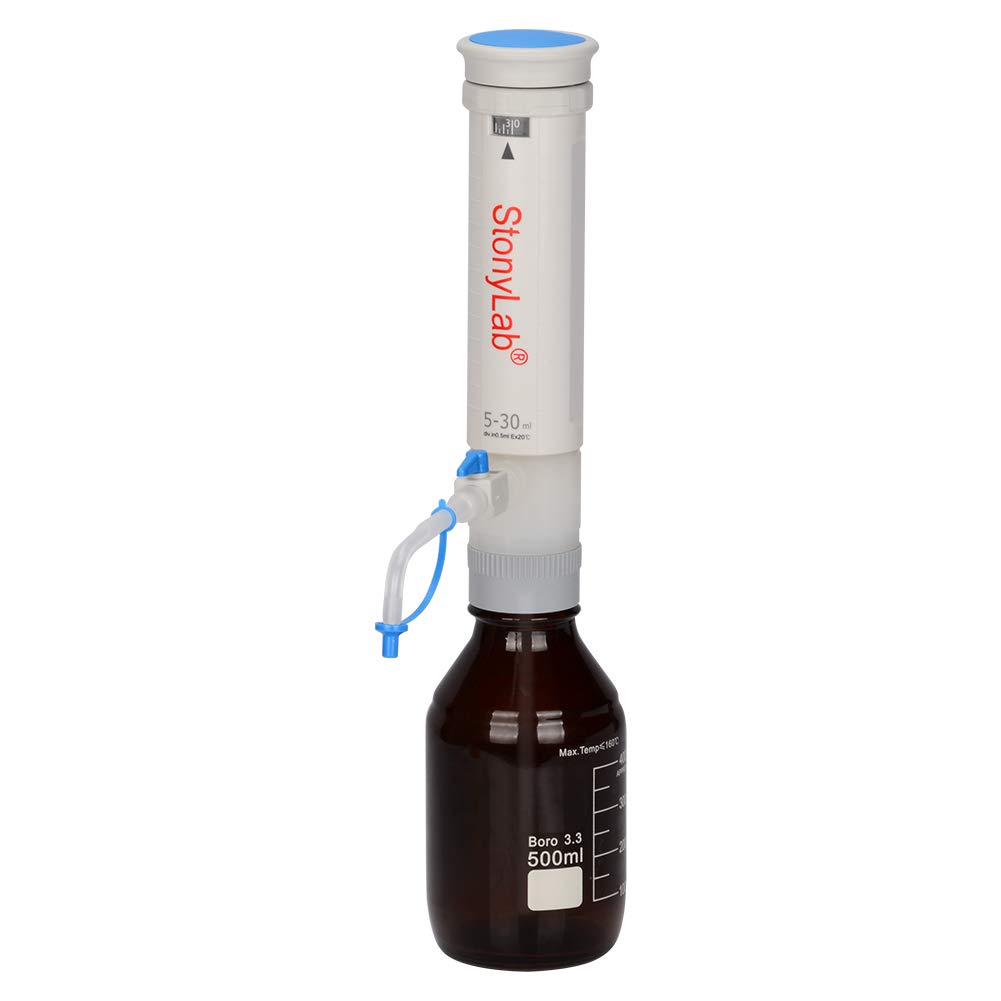 Stonylab Autoclavable Adjustable Bottle Top Dispenser 5-30ml with 500ml Borosilicate Glass Reagent Bottle & Adapters - Precision Liquid Dispensing for Laboratory Research, Chemistry Experiments & Scientific Measurements