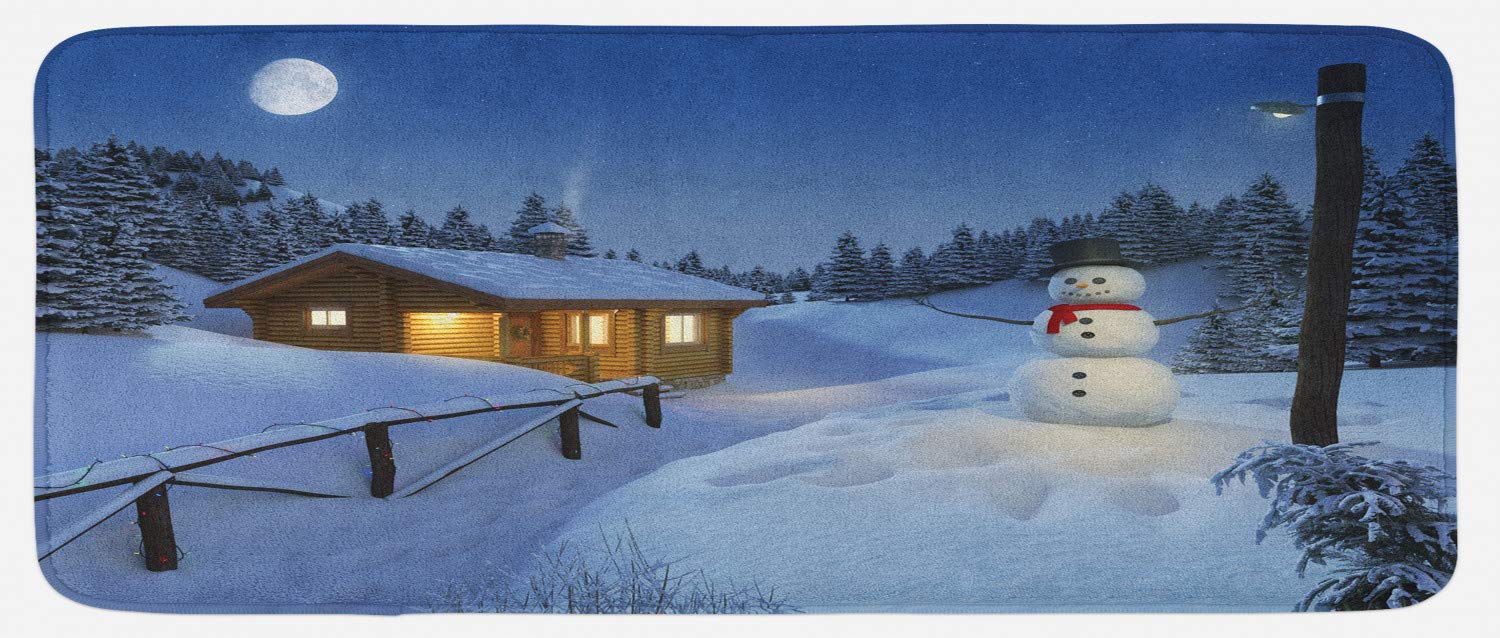Ambesonne Christmas Kitchen Rug - Non-Slip Plush Holiday Mat with Rustic Wooden Log Cabin Winter Scene in Blue & White, 47x19 Inches - Perfect for Festive Home Decor, Cozy Cabin Kitchens, and Holiday Entertaining