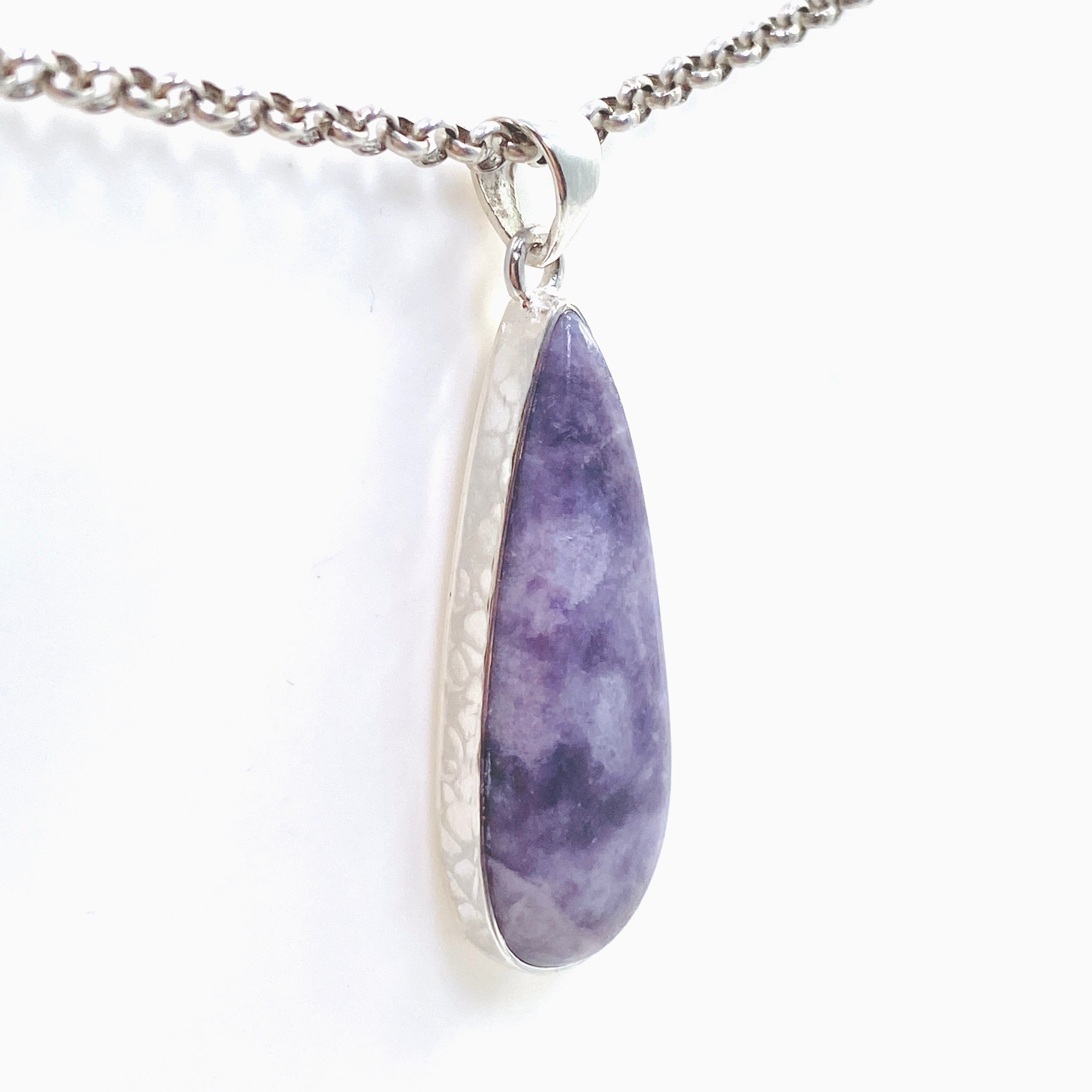 Lepidolite Teardrop Cabochon Pendant in Hammered Sterling Silver Setting KPGJ4610 - Healing Crystal Jewelry for Stress Relief & Meditation