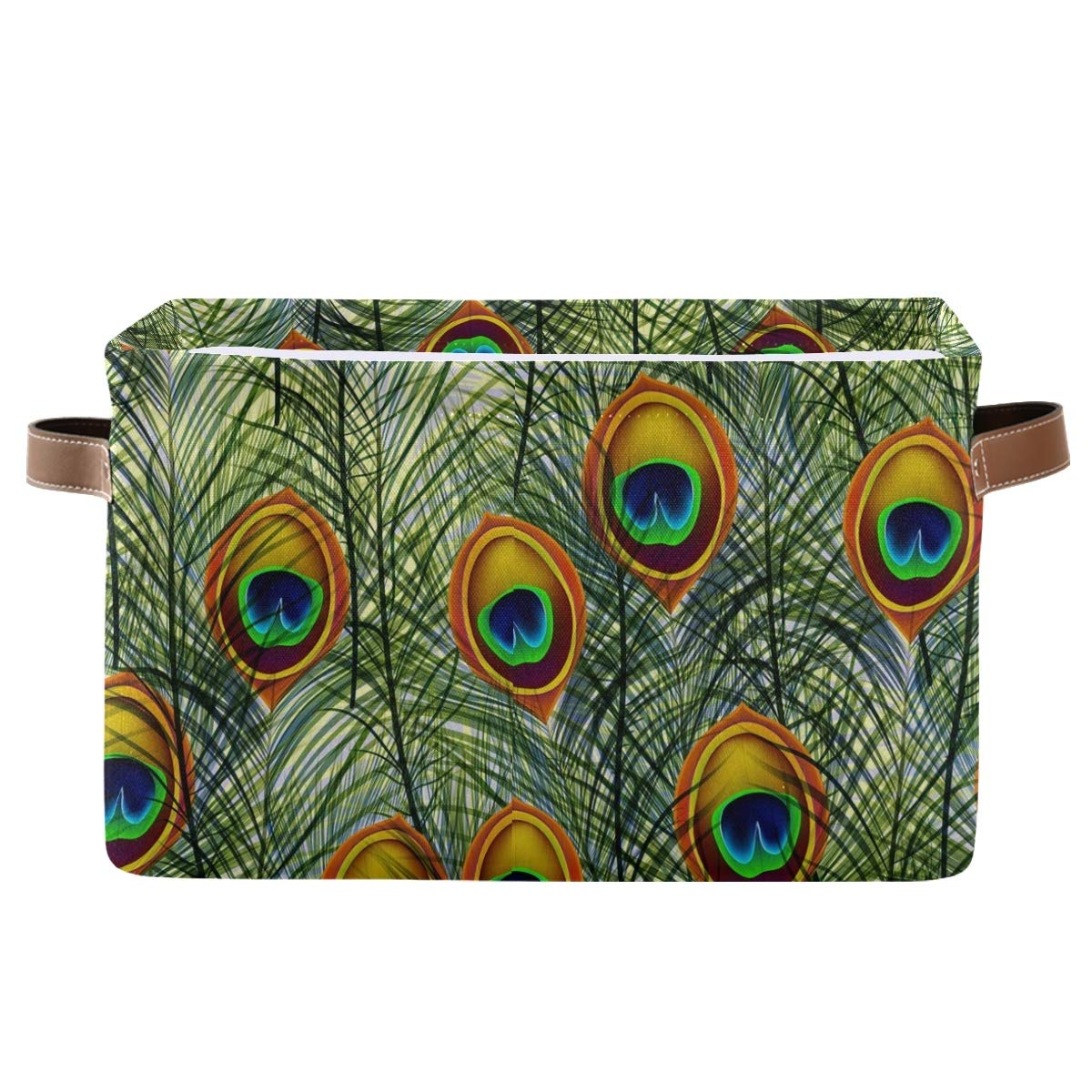 Peacock Feather Print Square Storage Basket - Canvas Closet & Shelf Organizer for Home, Office, Bedroom - Decorative Storage Bin for Toys, Blankets, Books (1 Piece)