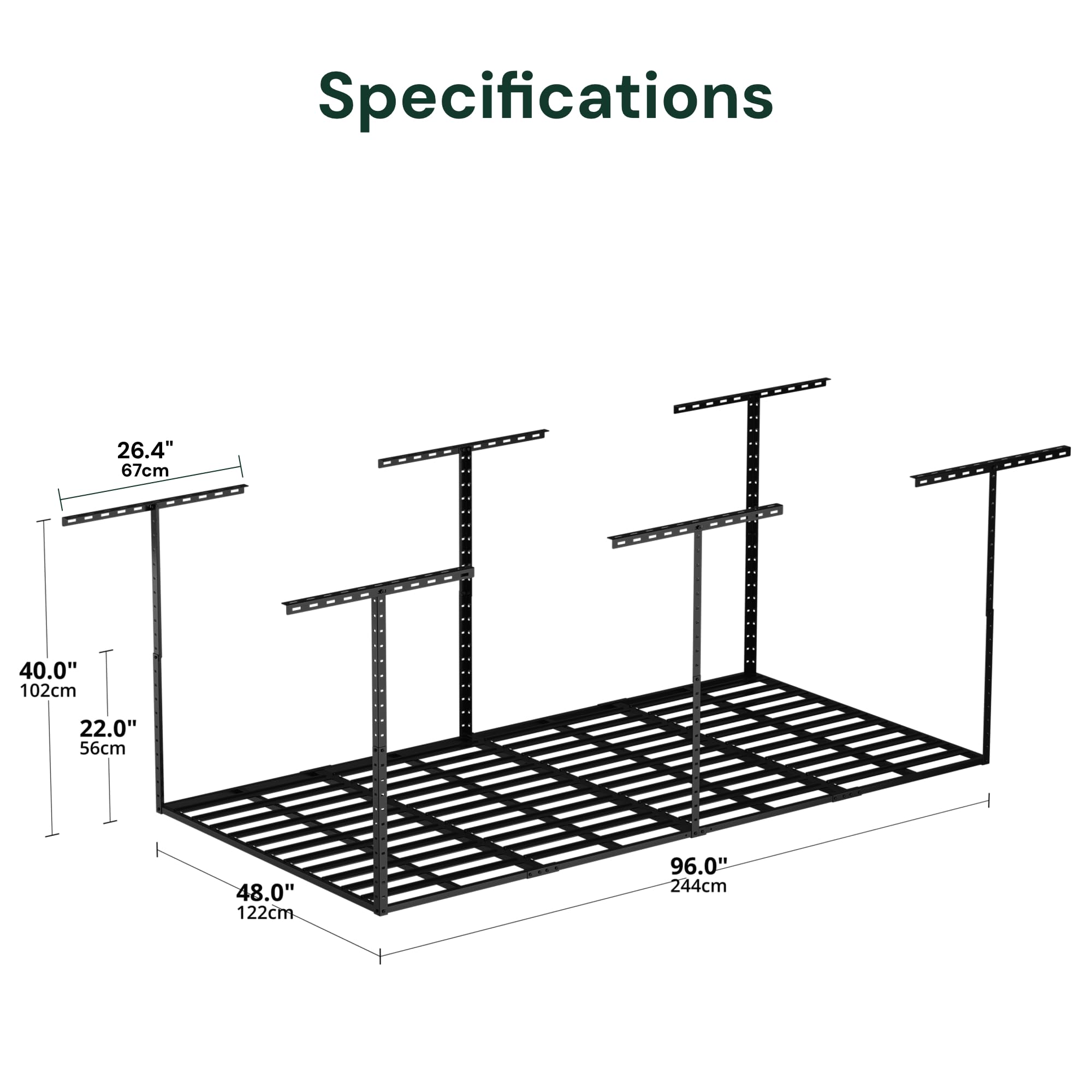 SunsGrove 4x8 Garage Overhead Storage Rack - Heavy Duty Ceiling Mounted Organizer System - 750LBS Capacity, Adjustable 22