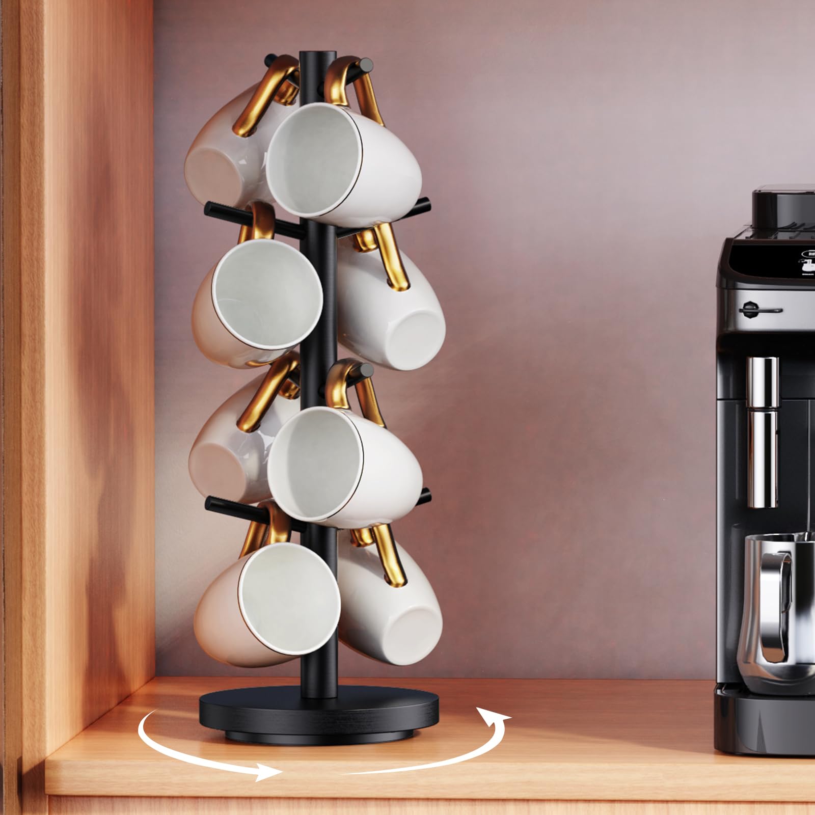Upgraded 360° Rotating Coffee Mug Holder Tree with 8 Hooks - Wooden Countertop Cup Organizer Rack for Coffee Bar & Kitchen - Perfect for Home, Office or Cafe Mug Display & Storage (Black)