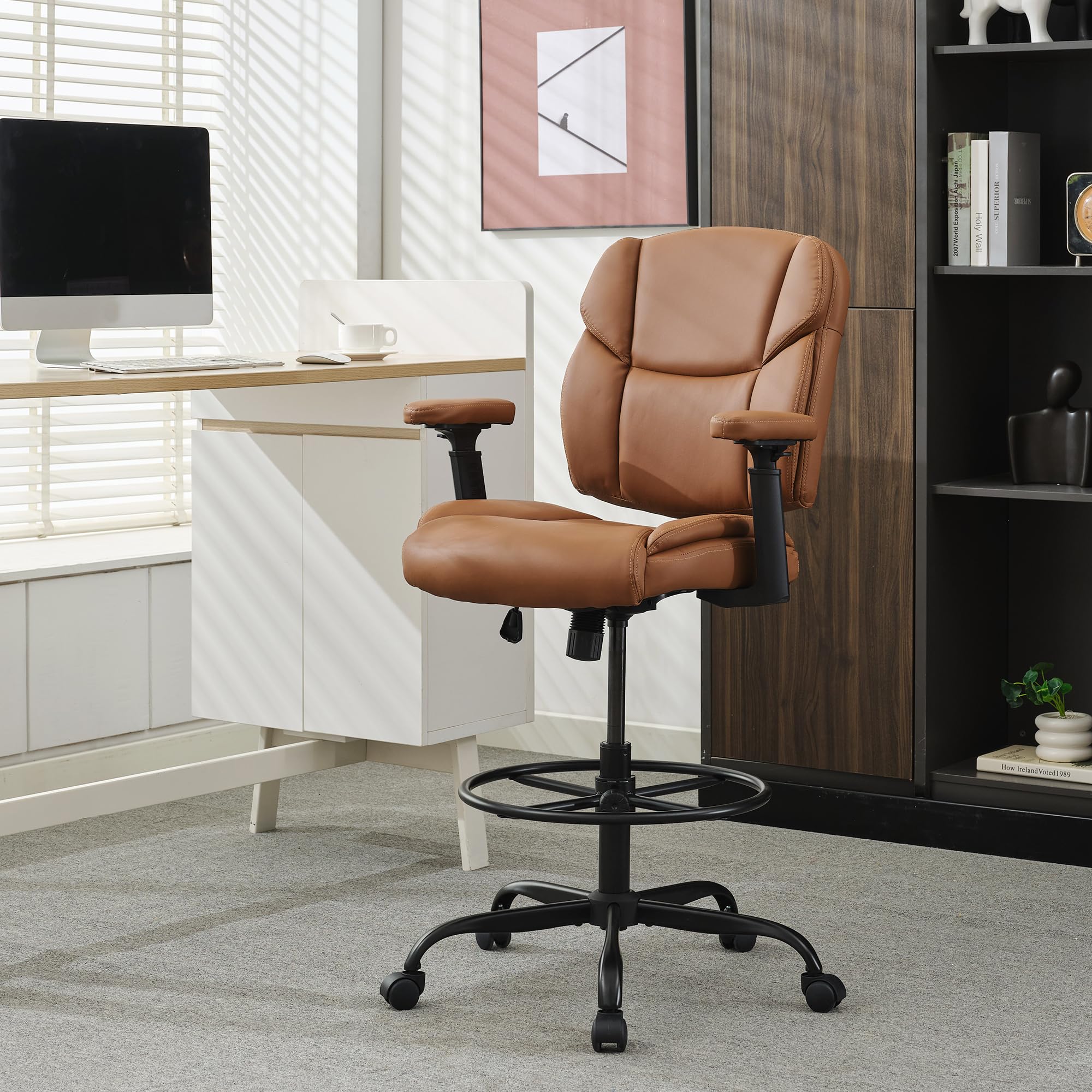 Premium 500 LBS Big & Tall Drafting Chair - Adjustable Leather Office Chair with Mid Back, Swivel Base & Foot Ring - Ergonomic Standing Desk Stool for Architects, Artists & Home Office Workspaces