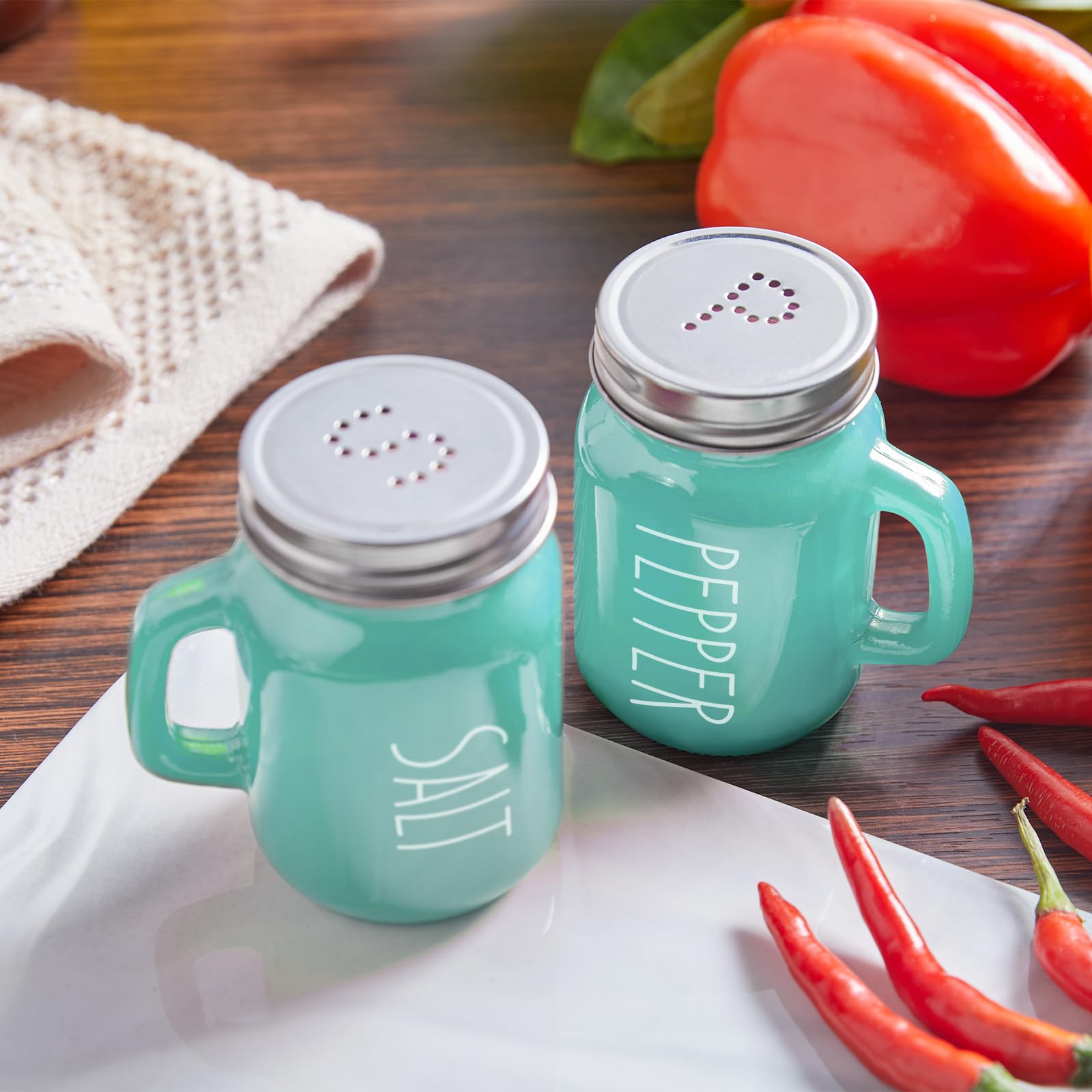 Turquoise Glass Salt and Pepper Shakers Set - Elegant Teal Kitchen Decor for Home, Restaurant & Wedding - Refillable Spice Containers for Dining Table, RV, BBQ - Perfect for Everyday Cooking, Camping & Hosting Guests - Easy to Clean & Use