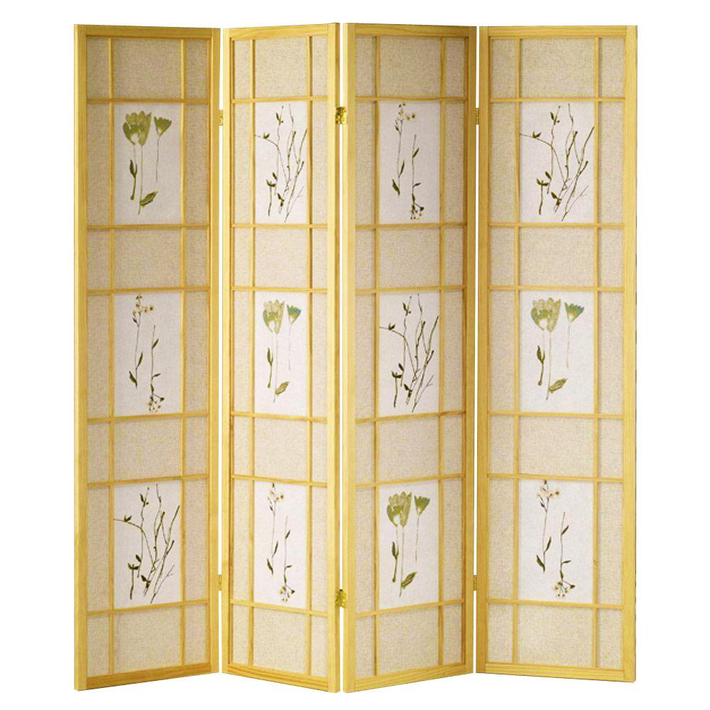Japanese Shoji Floral Print Room Divider - 4 Panel Wooden Folding Screen with Natural Wood Frame | Perfect for Home Decor, Zen Spaces & Room Partition