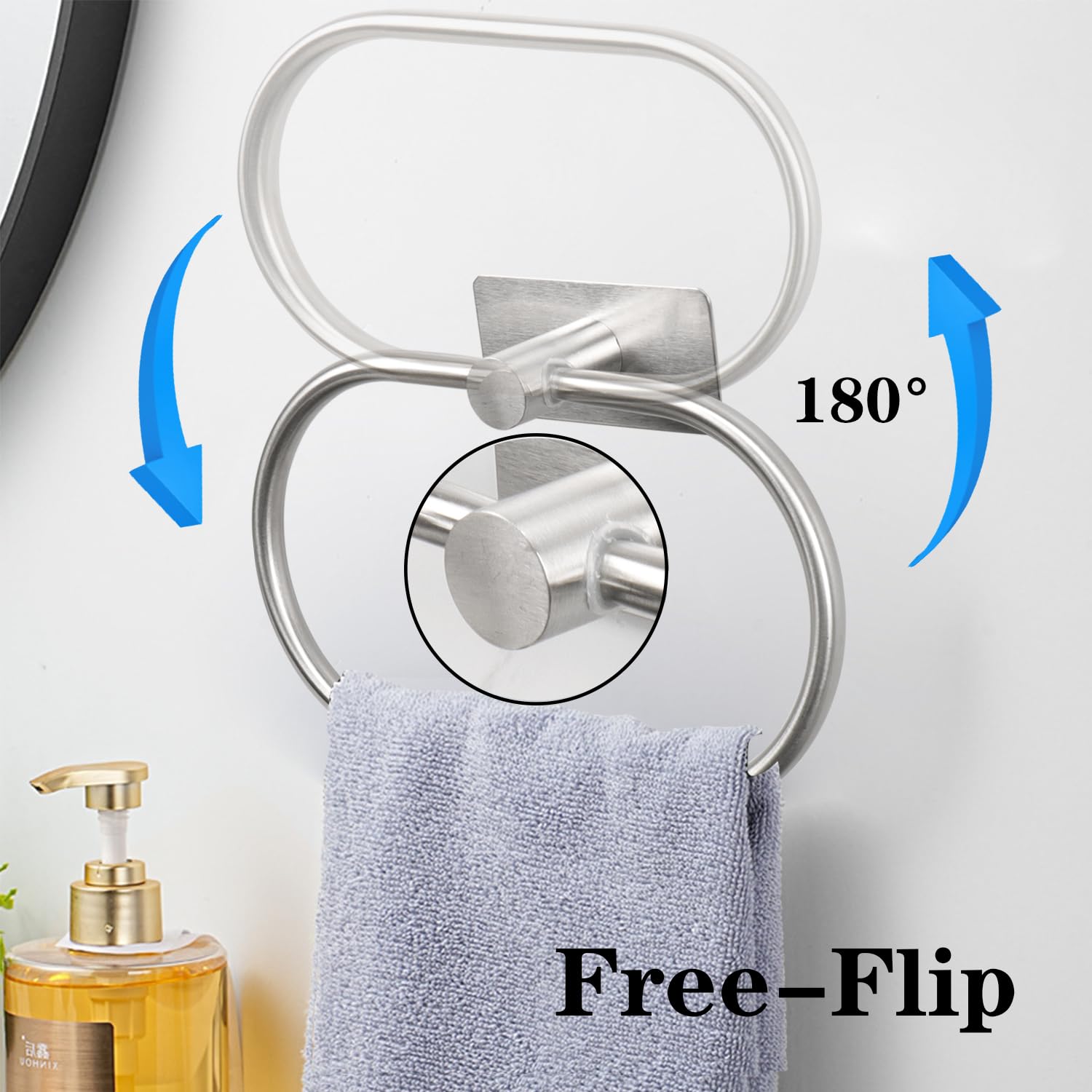 Stainless Steel Oval Towel Ring - No Drill Self Adhesive Hand Towel Holder for Bathroom & Kitchen, Thick SUS304 Modern Towel Rack (Brushed Nickel) - Perfect for Small Spaces & Rental Homes