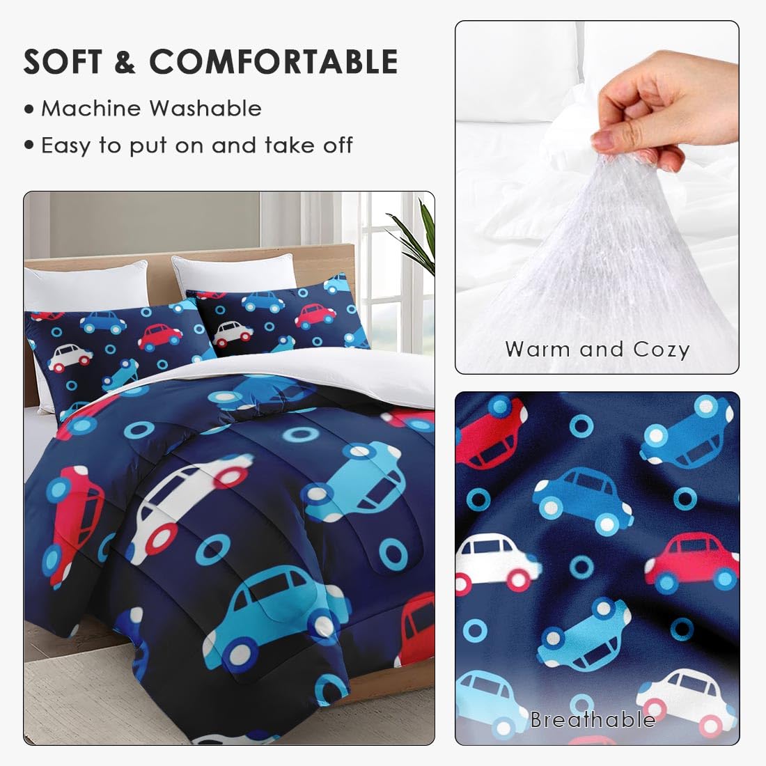 **Cars Themed Twin Size Comforter Set - Blue and Red Soft Bedding for Kids & Adults - Includes Pillowcase - Perfect for Nursery, Toddler Room & Bedroom Decor**
