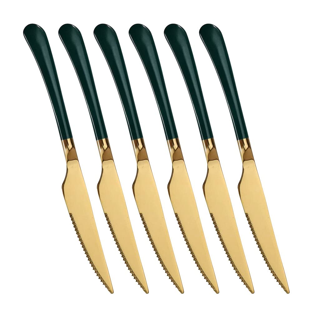 Premium 6-Piece Stainless Steel Steak Knife Set - Sharp Kitchen Cutlery for Steak, BBQ & Meat Cutting - Elegant Green & Gold Design - Perfect for Restaurants, Home Dining & Gifts