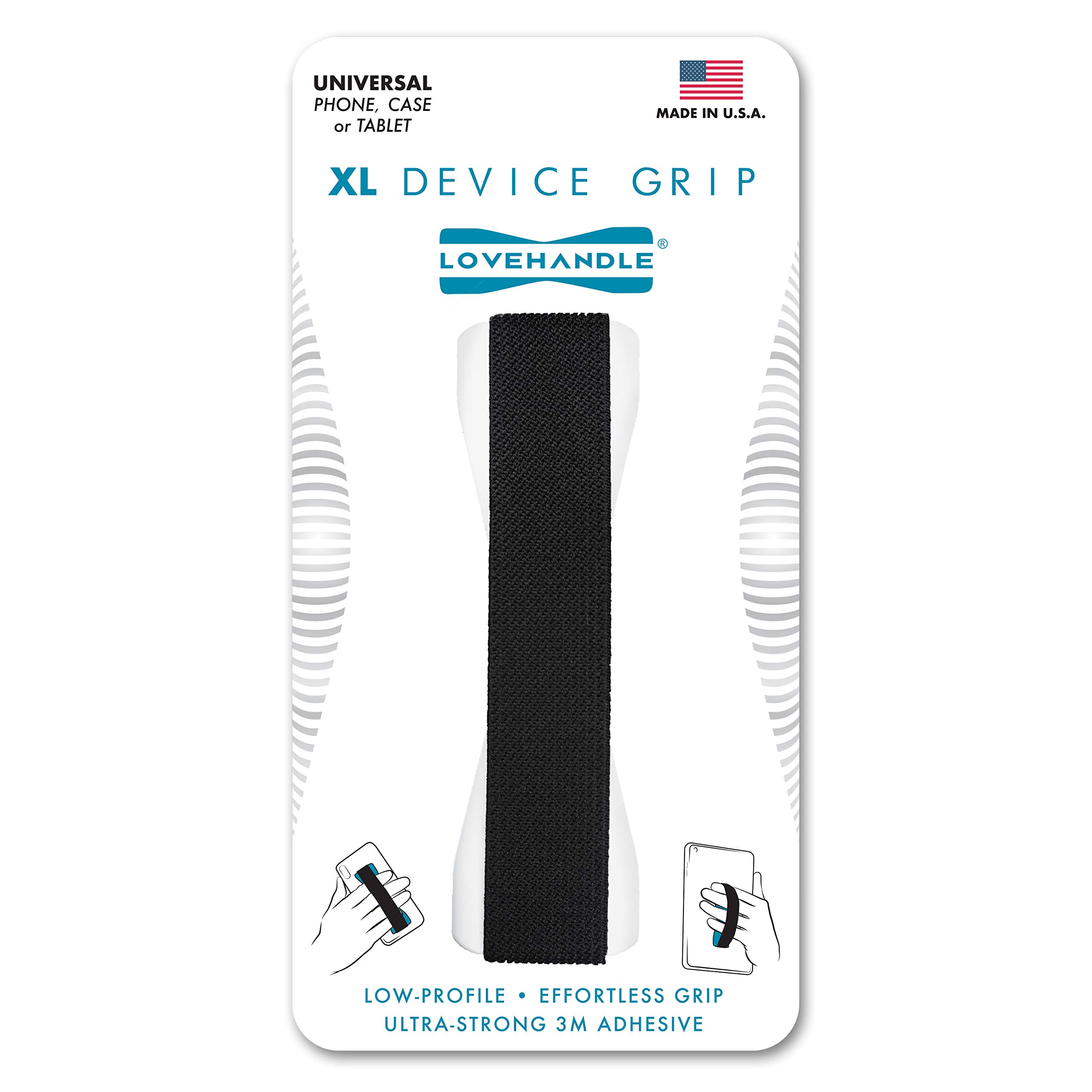 LOVEHANDLE Tablet & XL Phone Grip - Universal Elastic Strap Holder for iPad, Samsung Tablets & Large Smartphones (Black Strap with White Base, Model LHT-01) - Perfect for Reading, Gaming & Hands-Free Use on the Go