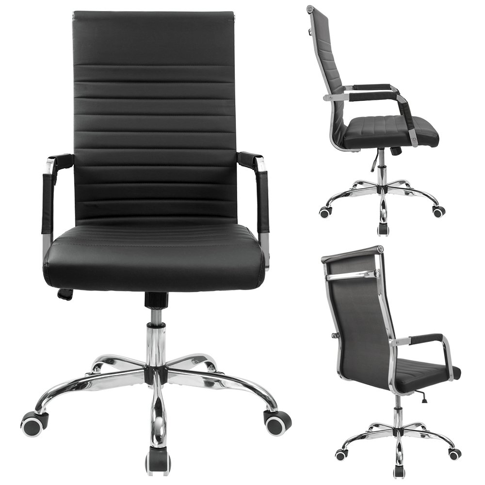 Furmax Mid-Back PU Leather Office Chair - Adjustable Swivel Executive Desk Chair with Arms, Ergonomic Ribbed Design for Home Office, Conference Room & Workstation (Black) - Perfect for Long Work Hours & Professional Meetings