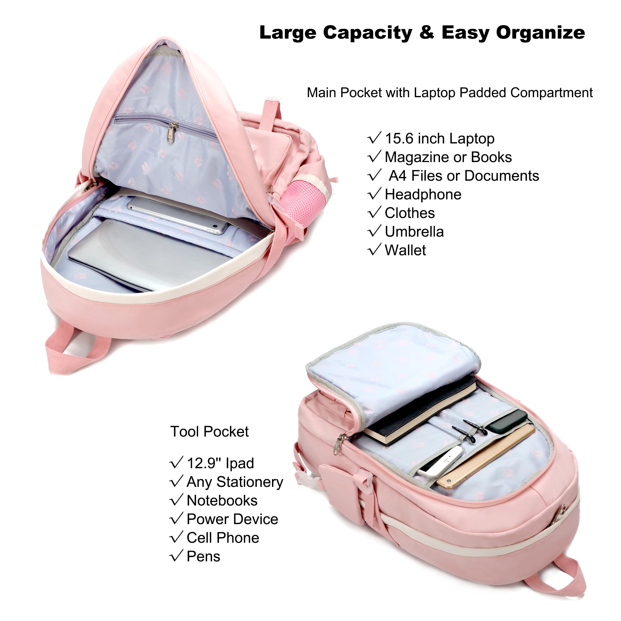 Stylish 15.6 Inch Anti-Theft Laptop Backpack for College Students - Pink Cute Bookbag for High School Girls & Women, Durable Travel Daypack for School, Work & Commuting