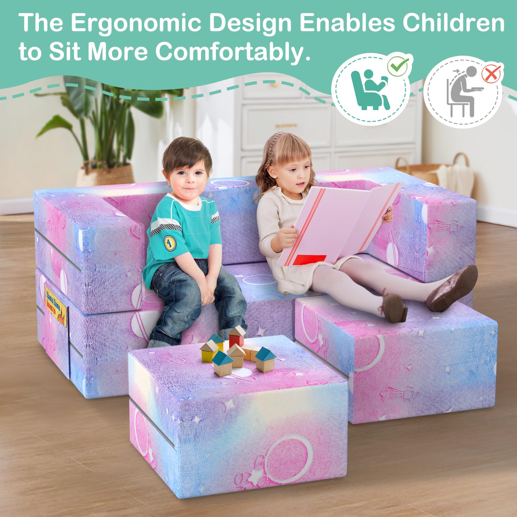 BIERUM Kids Couch - 6PCS Modular Play Sofa with Glow Effects & Blanket, Convertible Toddler Couch for Girls Boys - Perfect for Playroom, Nursery, Indoor Play & Family Movie Nights