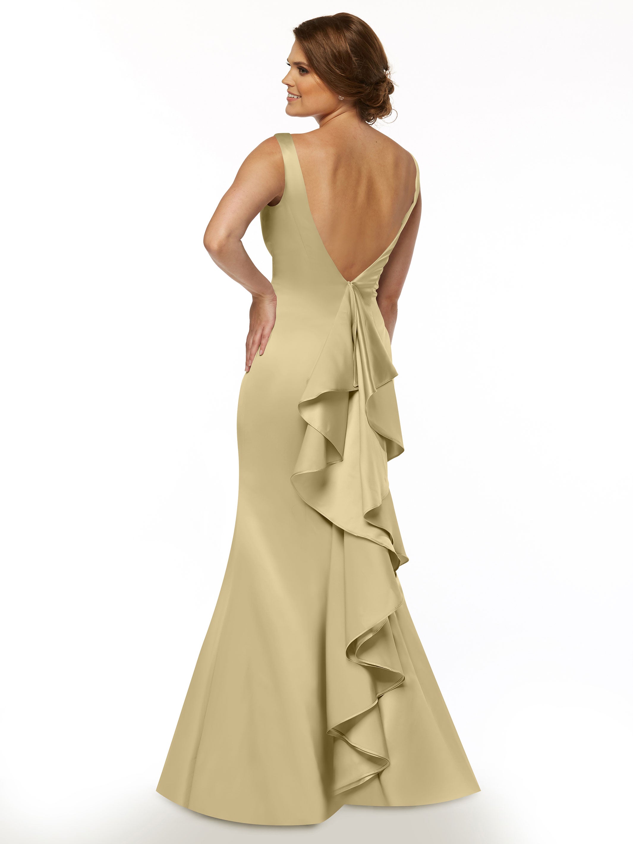 Elegant 80078 Fit and Flare Satin Bridesmaid Dress with V-Neckline & Ruffled Back - Perfect for Weddings, Proms, and Formal Events