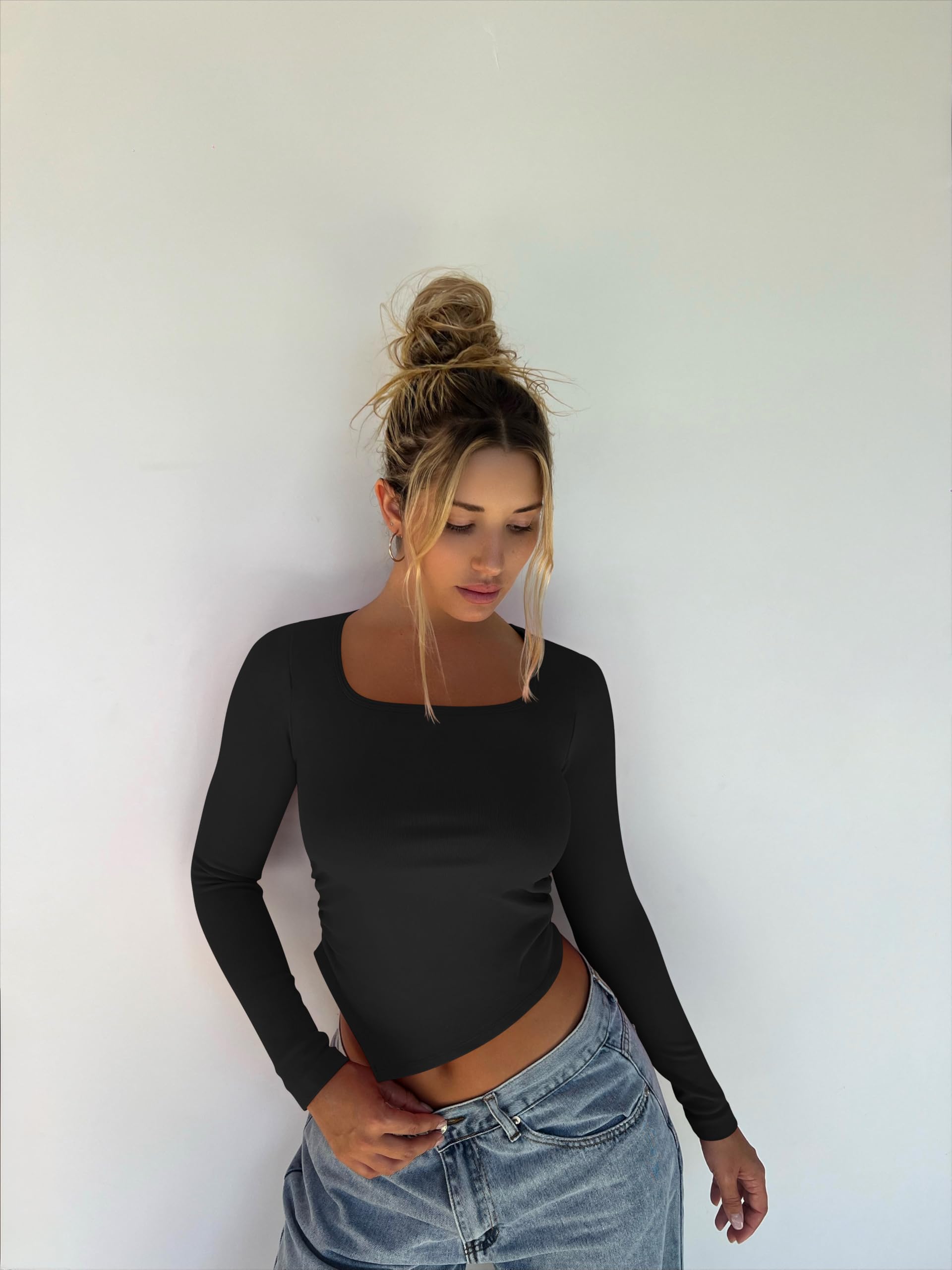 OQQ Women's 2-Piece Long Sleeve Square Neck Ruched Stretch Fitted Tee Shirt Set - Trendy Irregular Hem Tops for Casual Wear & Date Night Outfits