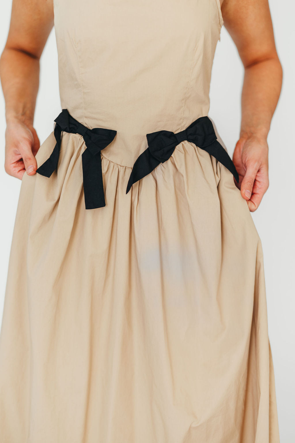 Celeste Square Neck Midi Dress with Bow Detail in Khaki - Elegant Women's Summer Dress for Weddings, Parties & Date Nights