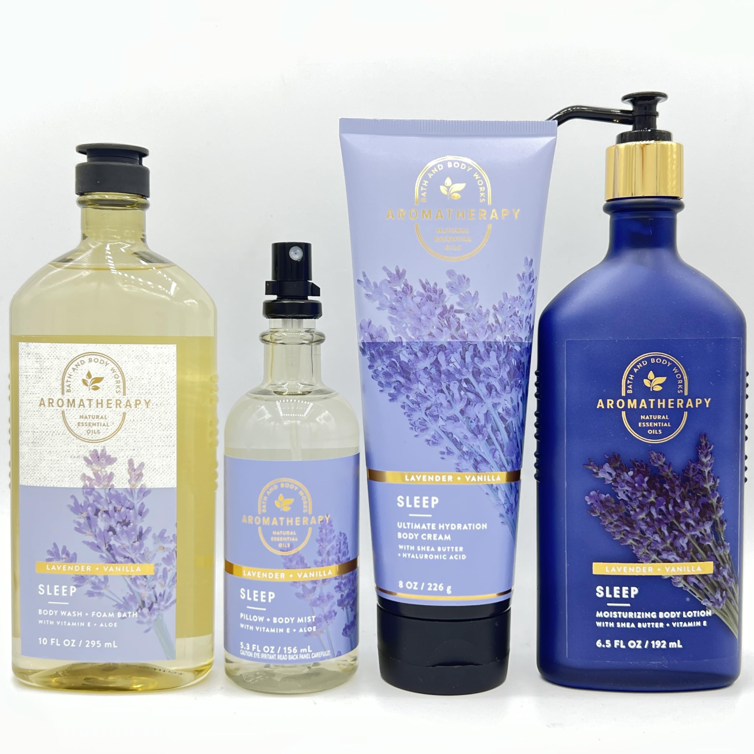 Lavender Vanilla Scented Bath & Body Gift Set - 4 Piece Aromatherapy Bundle with Body Wash, Essential Oil Spray, Hydrating Body Cream & Moisturizing Lotion | Relaxing Spa Night, Self Care Routine, Birthday Present for Women