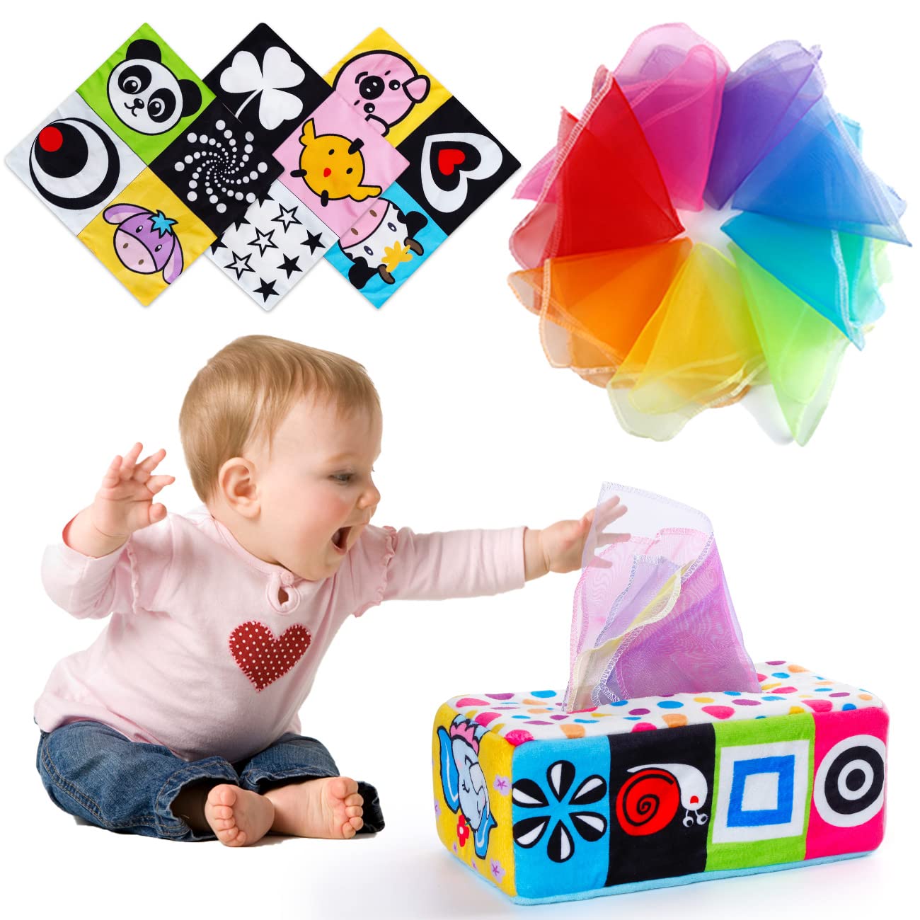 Bambilo Baby Tissue Box Pull Along Toy - Montessori Sensory Learning Toys for Infants 6-12 Months | Early Education Developmental Toy for Crawling & Fine Motor Skills Practice