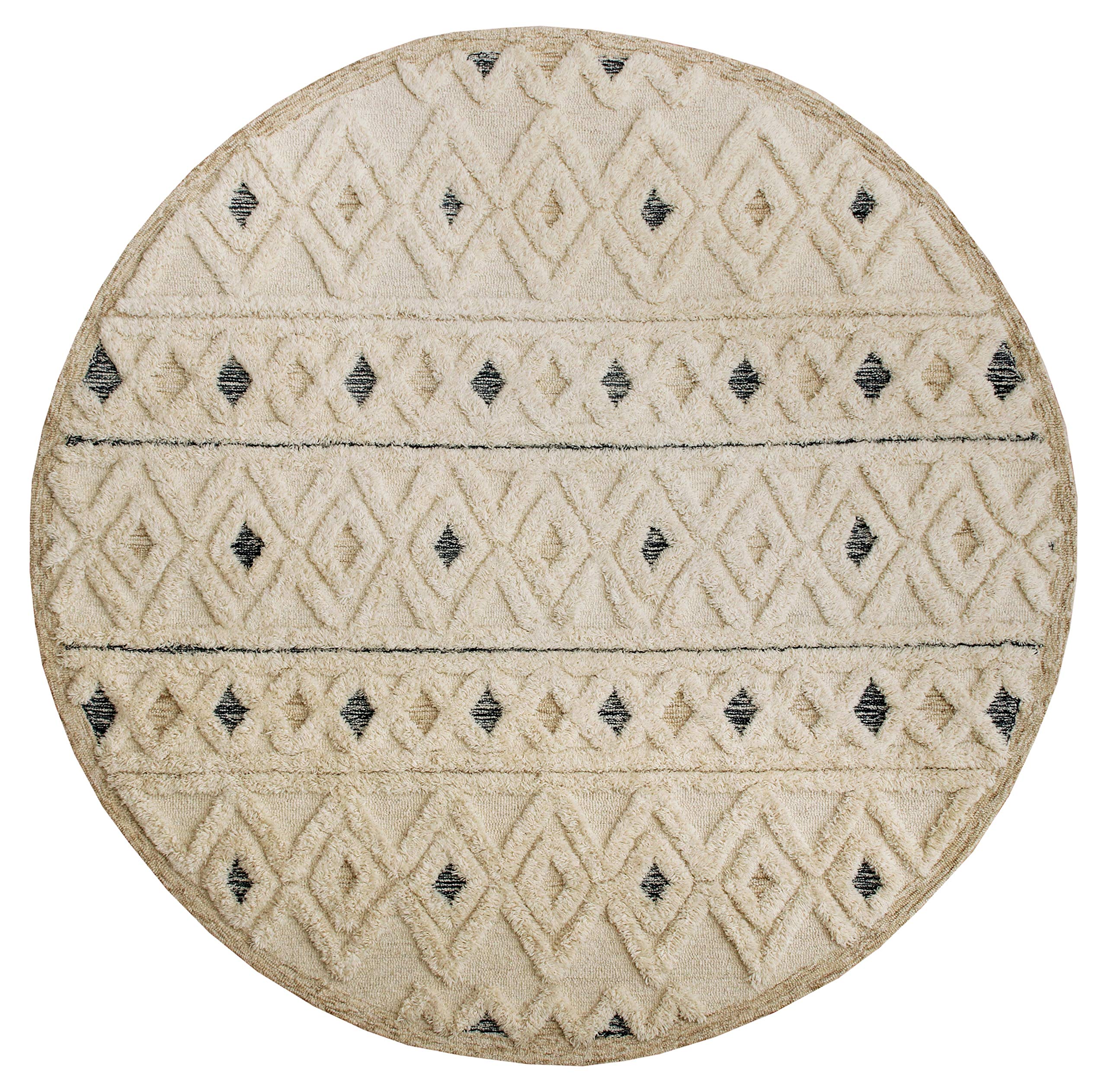 LR Home 6ft Round Indoor Natural Wool Area Rug - Hand Tufted Modern Farmhouse Boho Style Carpet for Bedroom, Living Room, Office, Nursery & Entryway - Ivory/Navy - Perfect for Cozy Home Decor & High-Traffic Areas