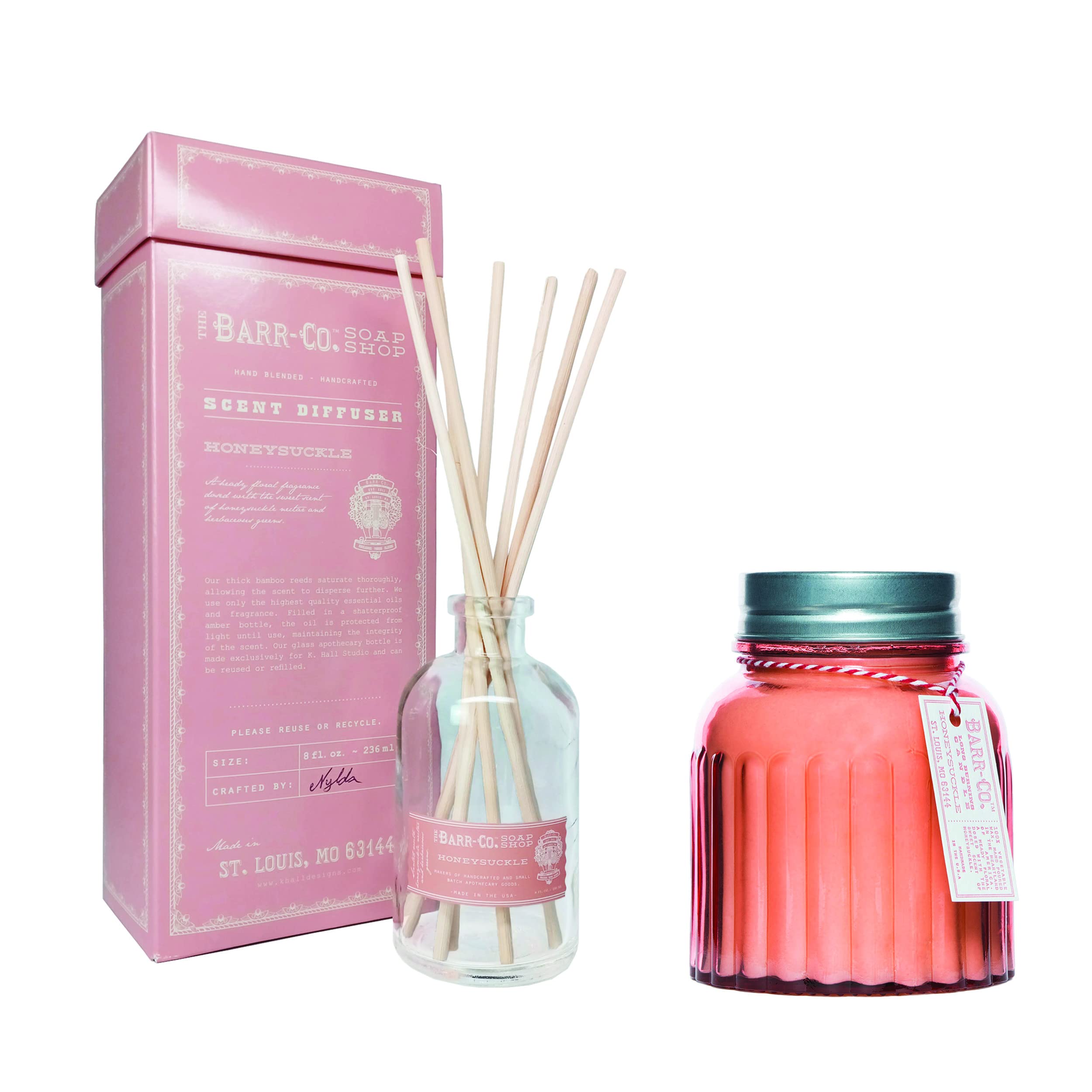 Apothecary Jar Candle & 8oz Essential Oil Diffuser Set - Honeysuckle Scented Home Fragrance Bundle for Relaxation, Aromatherapy and Home Decor