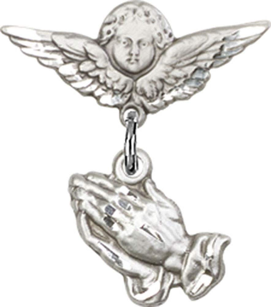 Sterling Silver Baby Badge with Praying Hands Charm & Angel Wings Pin - Handmade in USA | Perfect for Christening Gifts, Baby Showers & Religious Ceremonies