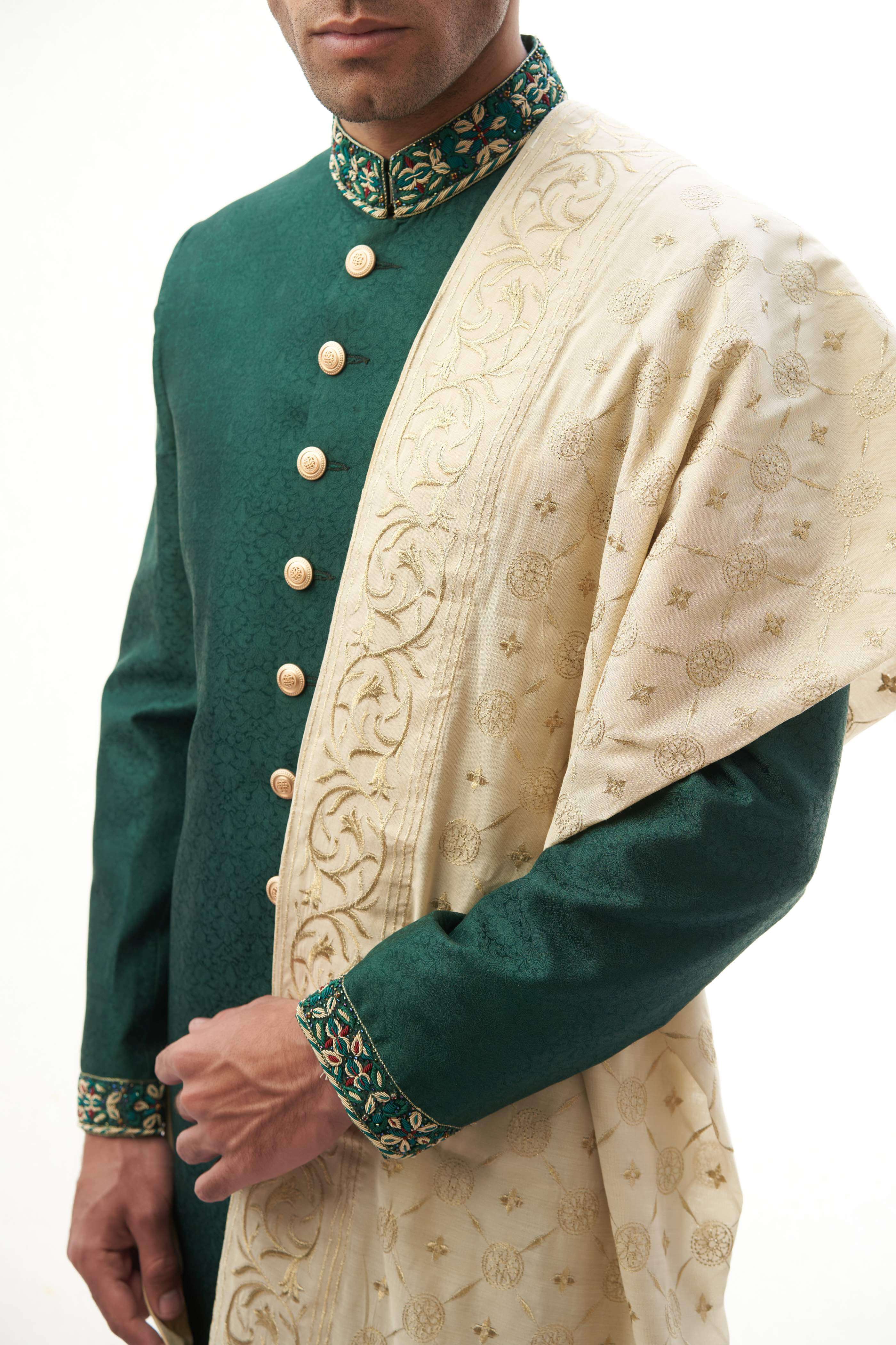 Handmade Emerald Green Brocade Silk Sherwani with Zardozi Embroidery | Indian Wedding Attire for Groom & Groomsmen | Perfect for Festivals & Special Occasions