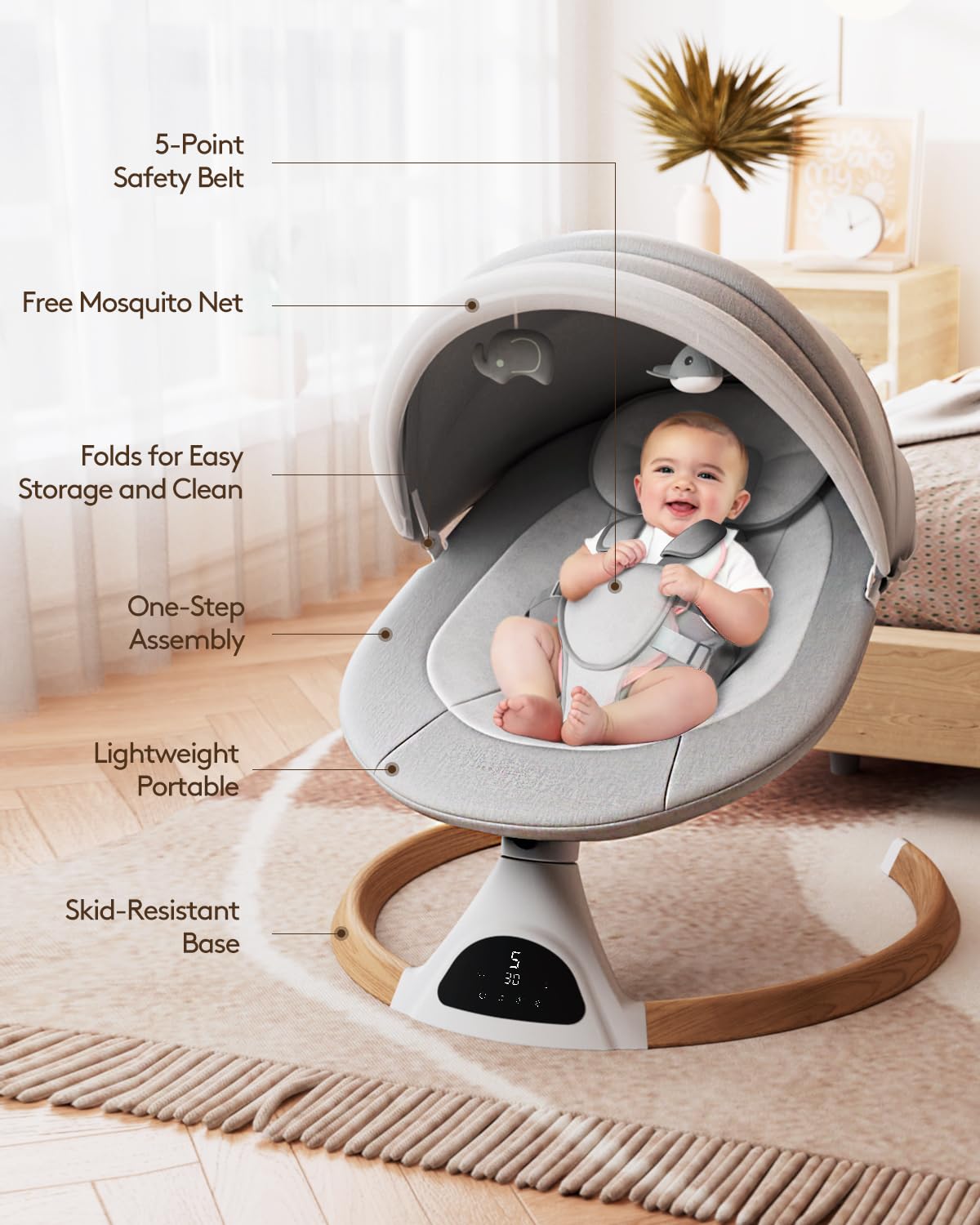 FasonBaby Bluetooth Baby Swing with 5 Speed Settings, 10 Soothing Lullabies & Remote Control - Portable Infant Swing for Newborns to Toddlers - Perfect for Nursery, Travel, and Outdoor Use