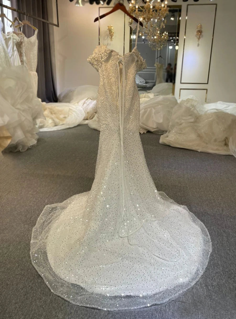 Elegant Off Shoulder Lace Crystal Wedding Dress with Detachable Ruffle Skirt - 2 in 1 Bridal Gown for Beach, Church & Outdoor Ceremonies