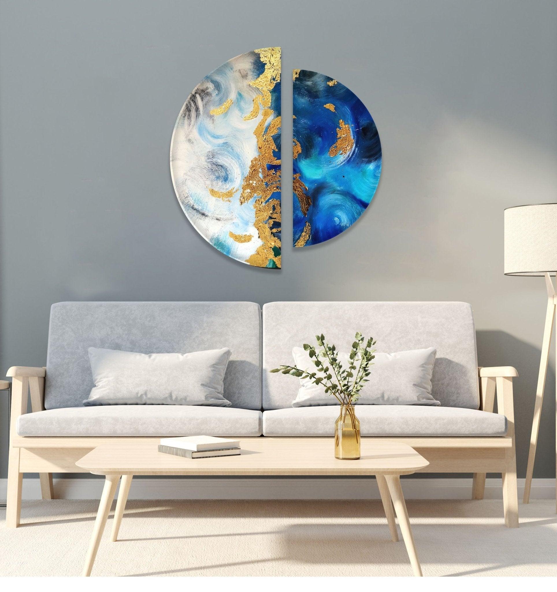 2 Piece Blue and Gold Abstract Glass Wall Art Set - Modern Home Decor for Living Room, Bedroom, or Office