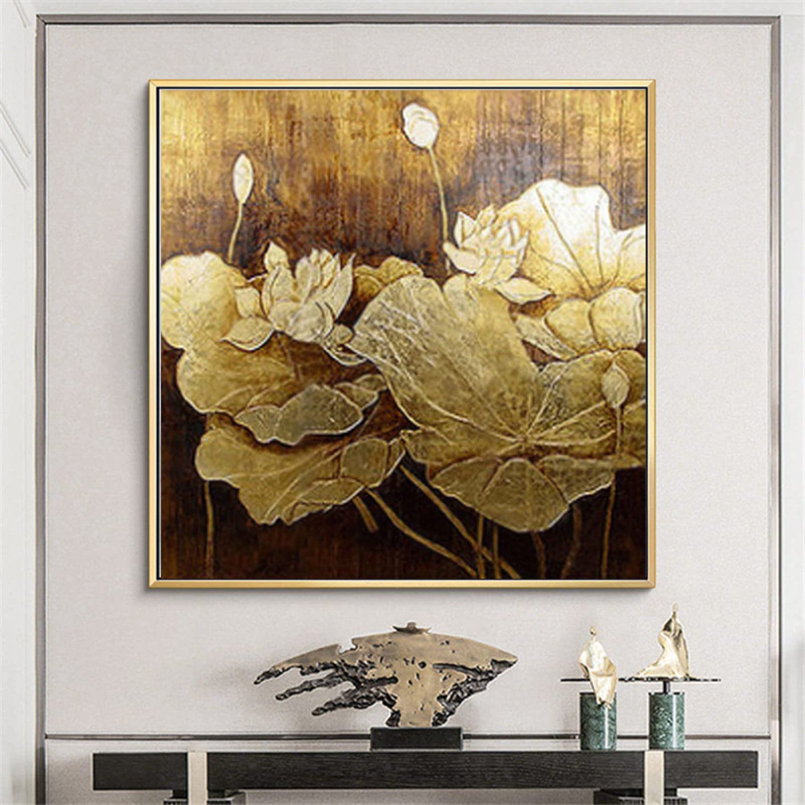 Abstract Lotus Flower Oil Painting on Canvas - Hand-Painted Modern Textured Wall Art for Home Decor (39.3x39.3 Inch, Unframed) | Perfect for Living Room, Bedroom & Office | Nordic Style Square Mural