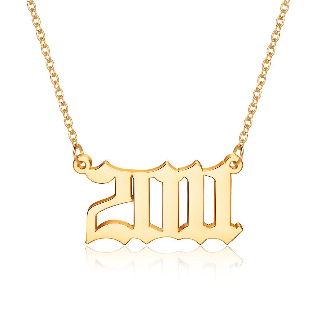 18K Gold Plated Old English Birth Year Necklace for Women - Personalized 1970-2021 Number Pendant Jewelry Gift for Birthday, Anniversary & Special Occasions | Elegant Layering Piece for Everyday Wear or Formal Events
