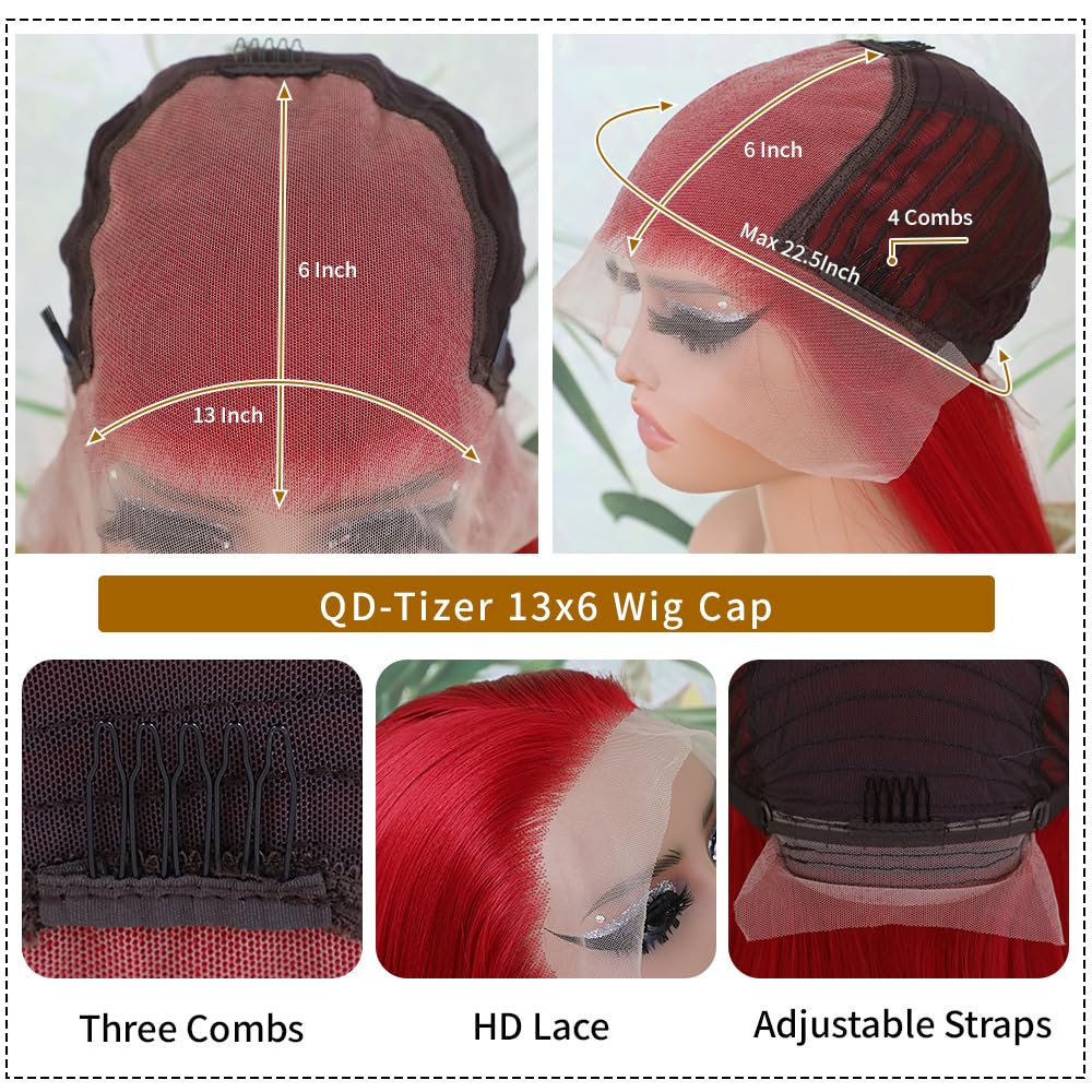 QD-Tizer 24 Inch Long Straight Red Synthetic Lace Front Wig for Women - Heat Resistant, Glueless, Natural Hairline | Perfect for Cosplay, Daily Wear & Special Occasions