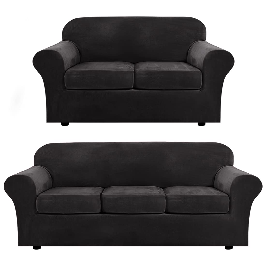 H.VERSAILTEX 4-Piece Velvet Plush Sofa Slipcover Set with 3-Piece Loveseat Cover - Soft Stretch Furniture Protector for Couches & Sectionals - Luxurious Black Velvet Fabric for Living Room & Home Decor