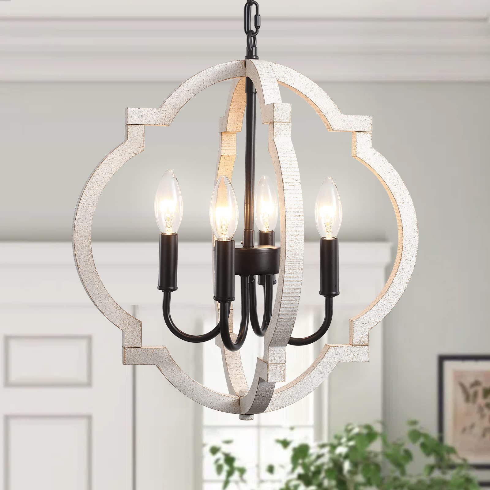 Rustic Farmhouse Orb Wood Chandelier - 4 Light Hanging Pendant Lighting Fixture for Dining Room, Living Room, Bedroom, Hallway & Entryway | Perfect for Cozy Home Decor & Farmhouse Style Interiors
