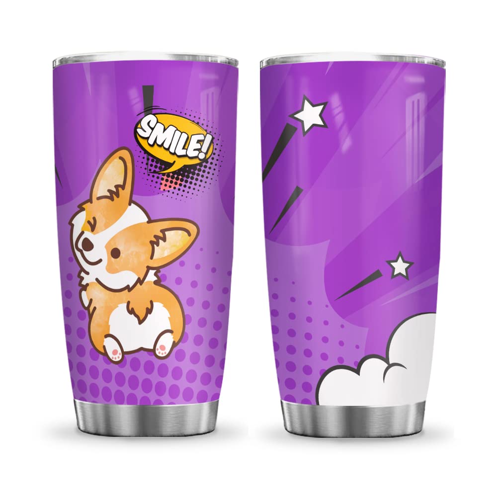 20oz Corgi Lover Tumbler - Cute Insulated Travel Coffee Mug with Lid, Double Wall Vacuum Insulated for Hot & Cold Drinks - Perfect Gift for Dog Moms, Women, Friends & Daughters - Ideal for Office, Commuting & Outdoor Adventures (Purple)