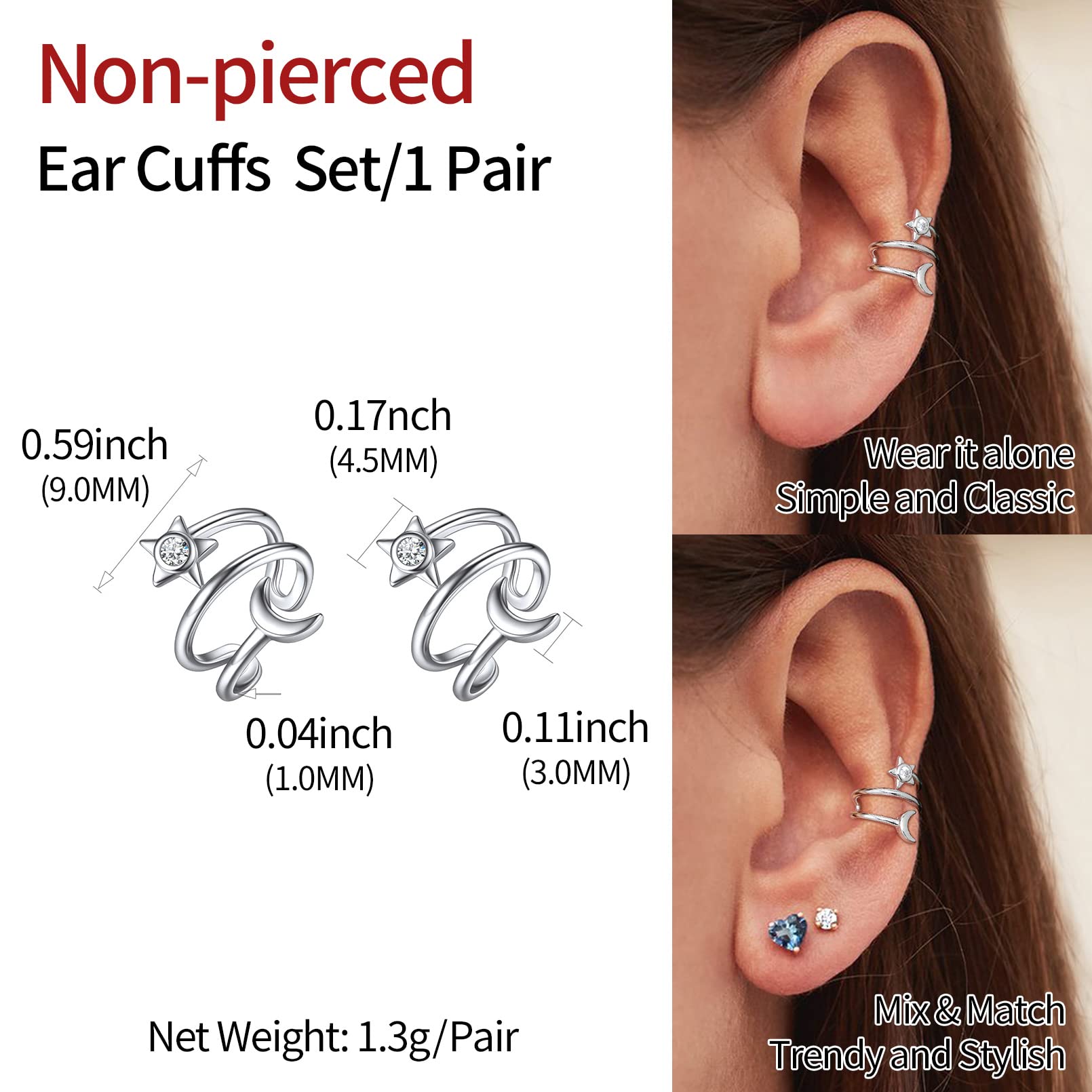 ChicSilver 925 Sterling Silver Non-Piercing Clip-On Ear Cuff | Cartilage Earrings for Women | Hypoallergenic Fashion Jewelry | Perfect for Parties, Weddings & Everyday Wear (Includes Gift Box)