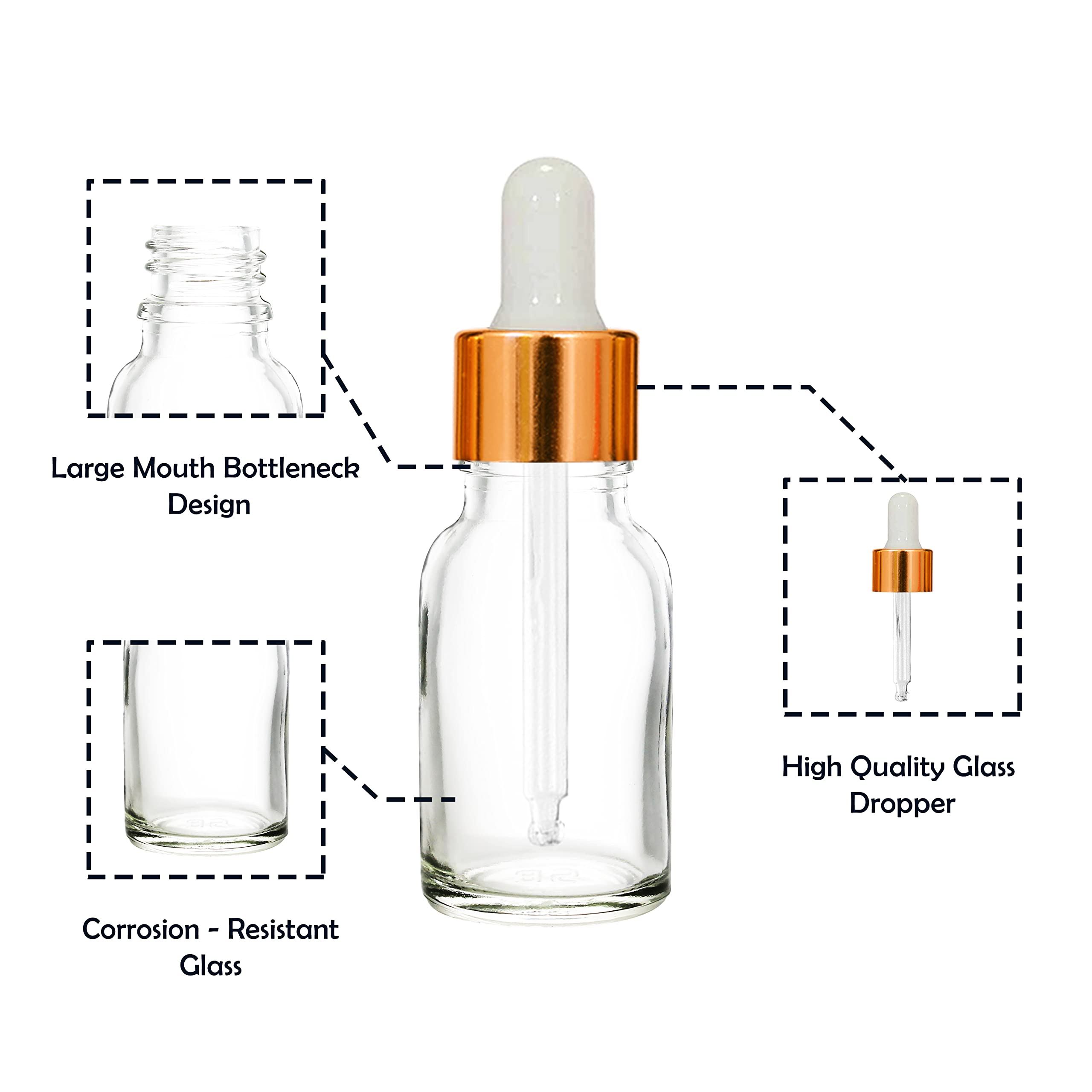 NSB Herbals 15ml Clear Round Empty Glass Bottle with Glass Dropper, Golden Ring & White Silicone Teat - Refillable for Essential Oils, Perfumes, DIY Beauty (Pack of 3) | Perfect for Aromatherapy, Travel & Home Use