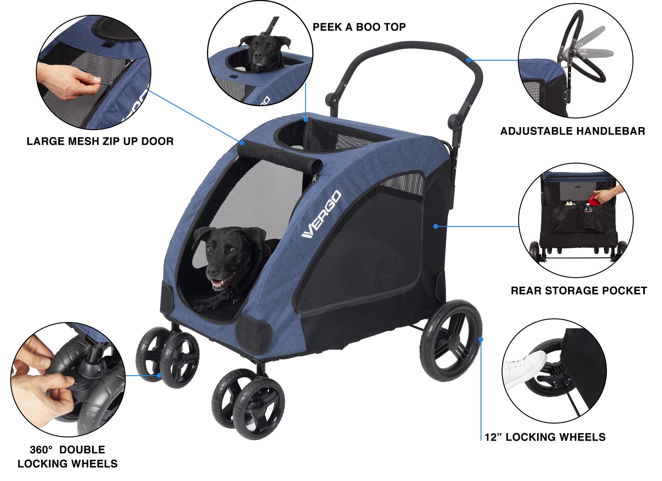 Vergo Blue Foldable Pet Stroller Wagon Cart - 4 Wheel Dog Stroller with Adjustable Handle & Zipper Entry, Mesh Skylight for Small to Large Dogs, Cats & Pets - Perfect for Park Walks, Shopping Trips & Outdoor Adventures
