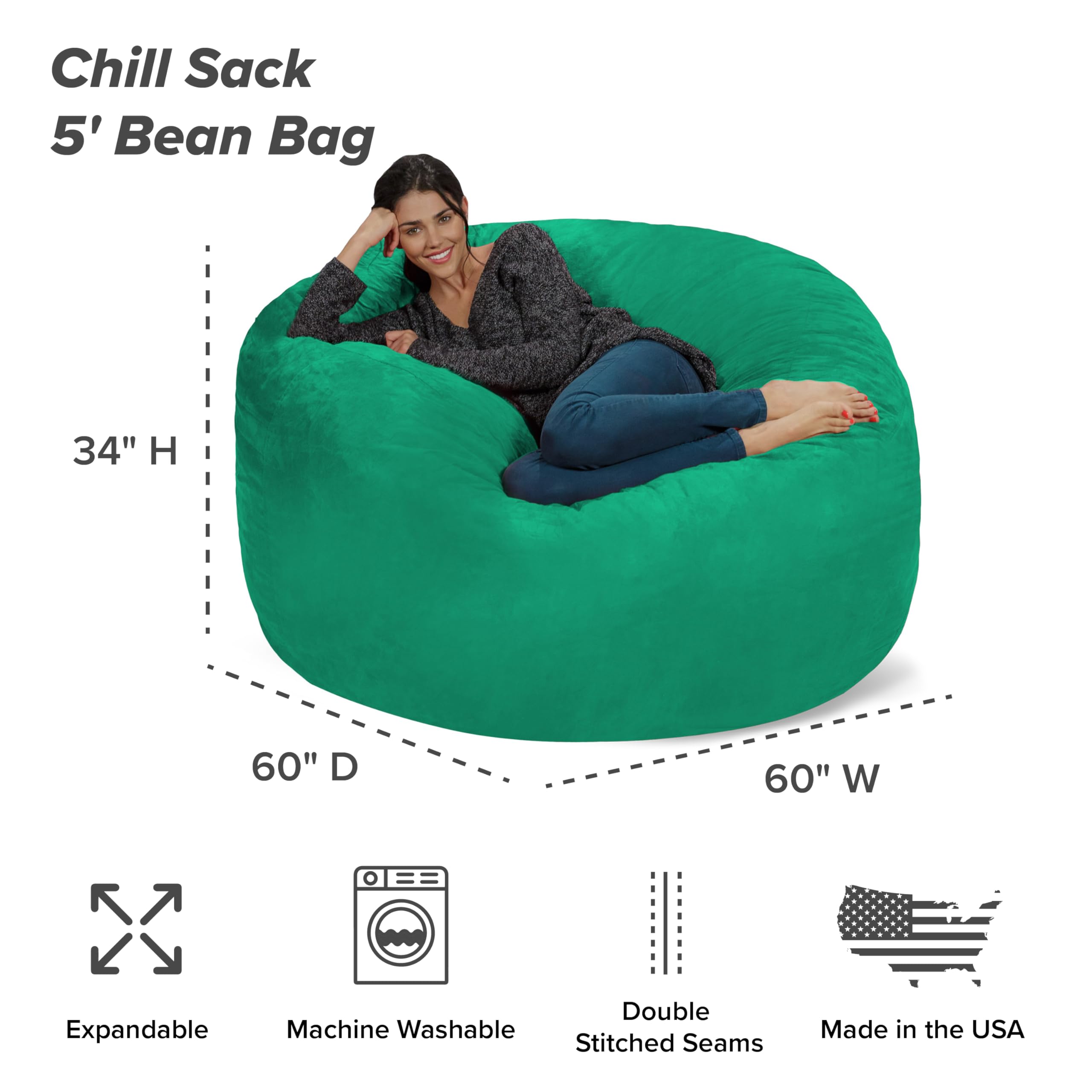 Chill Sack 5' Giant Memory Foam Bean Bag Chair - Ultra Soft Microfiber Cover in Seafoam Green - Perfect for Living Rooms, Game Rooms & Dorm Lounging