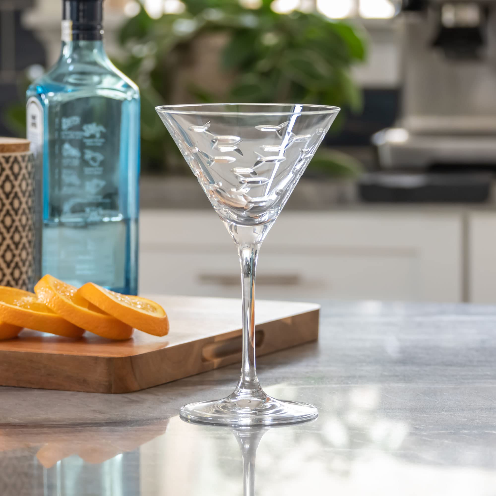 Premium Rolf Glass School of Fish Martini Glasses Set of 4 - 10 oz Lead-Free Crystal Clear Stemware - Handcrafted Diamond-Wheel Engraved Cocktail Glasses - Made in USA - Perfect for Home Bars, Dinner Parties & Gift Giving