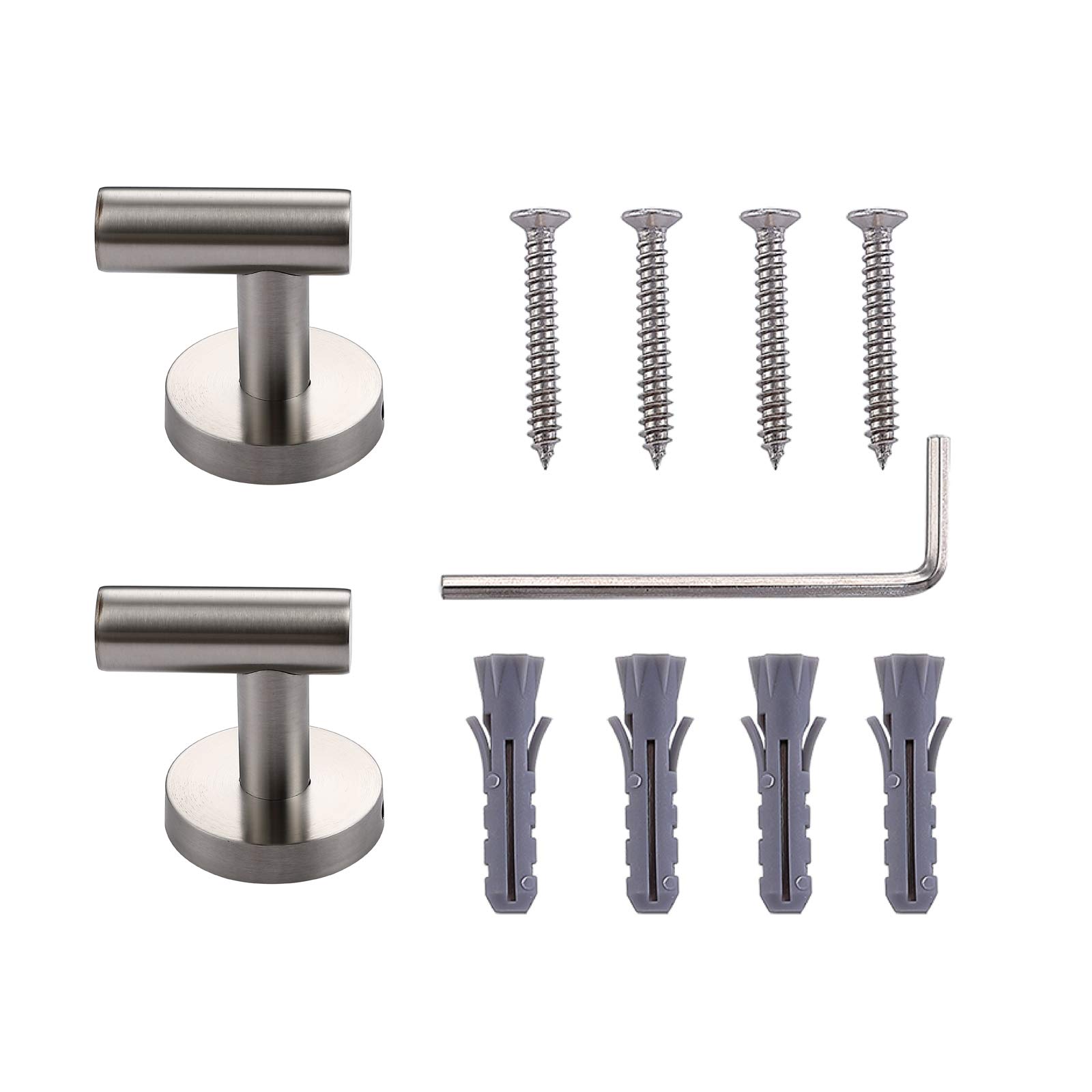 TASTOS Brushed Nickel Wall Hooks (2 Pack) - Heavy Duty Stainless Steel Coat & Towel Hooks for Bathroom, Kitchen - Modern Round Screw Mounted Hooks - Perfect for Hanging Robes, Clothes & Bath Towels